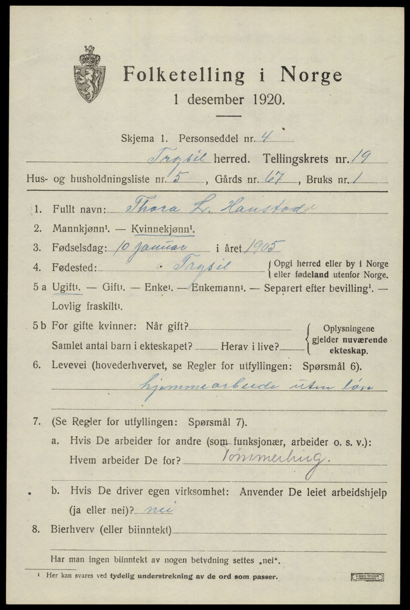 SAH, 1920 census for Trysil, 1920, p. 12757
