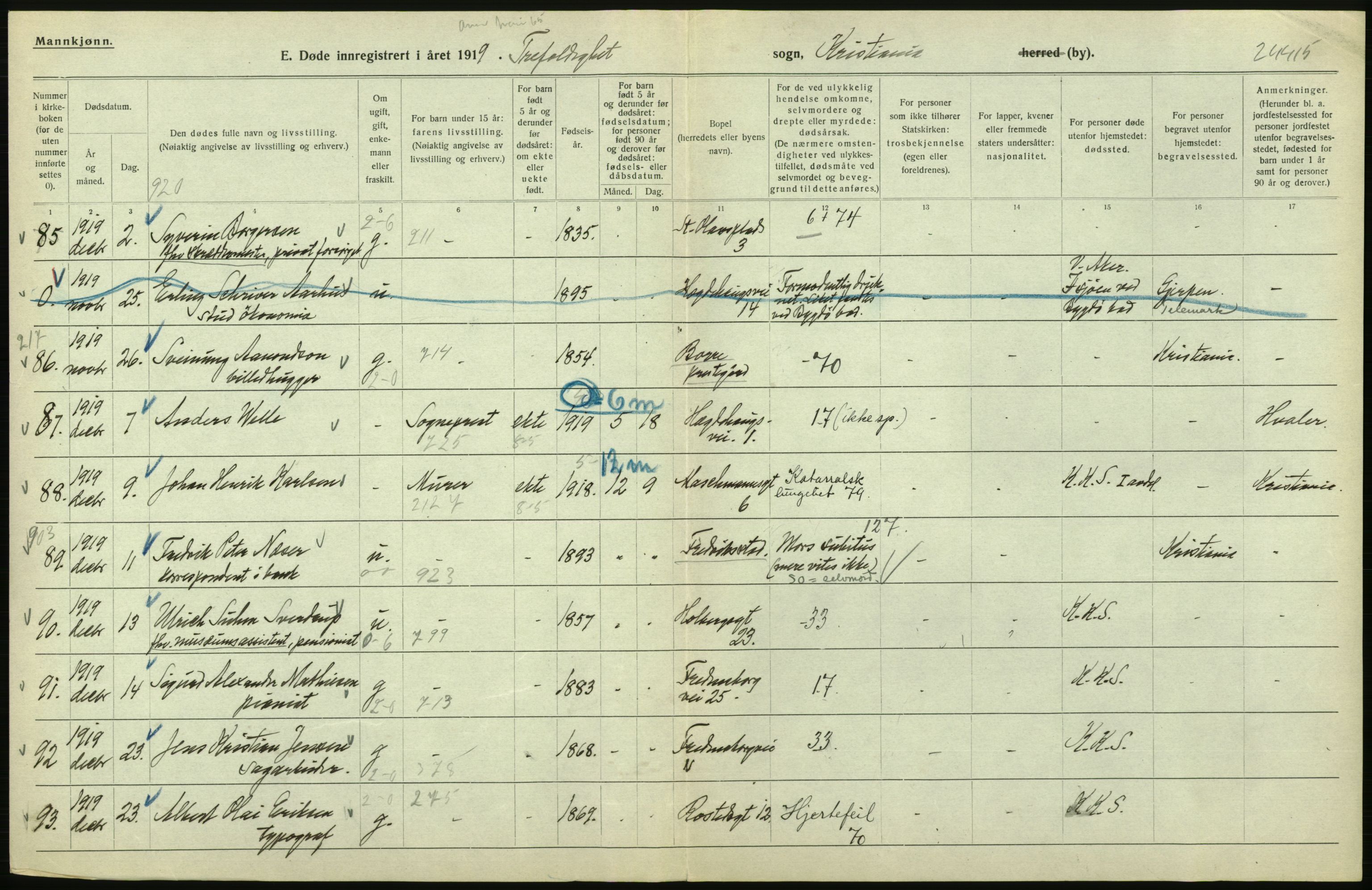 Statistisk sentralbyrå, Sosiodemografiske emner, Befolkning, AV/RA-S-2228/D/Df/Dfb/Dfbi/L0011: Kristiania: Døde, dødfødte, 1919