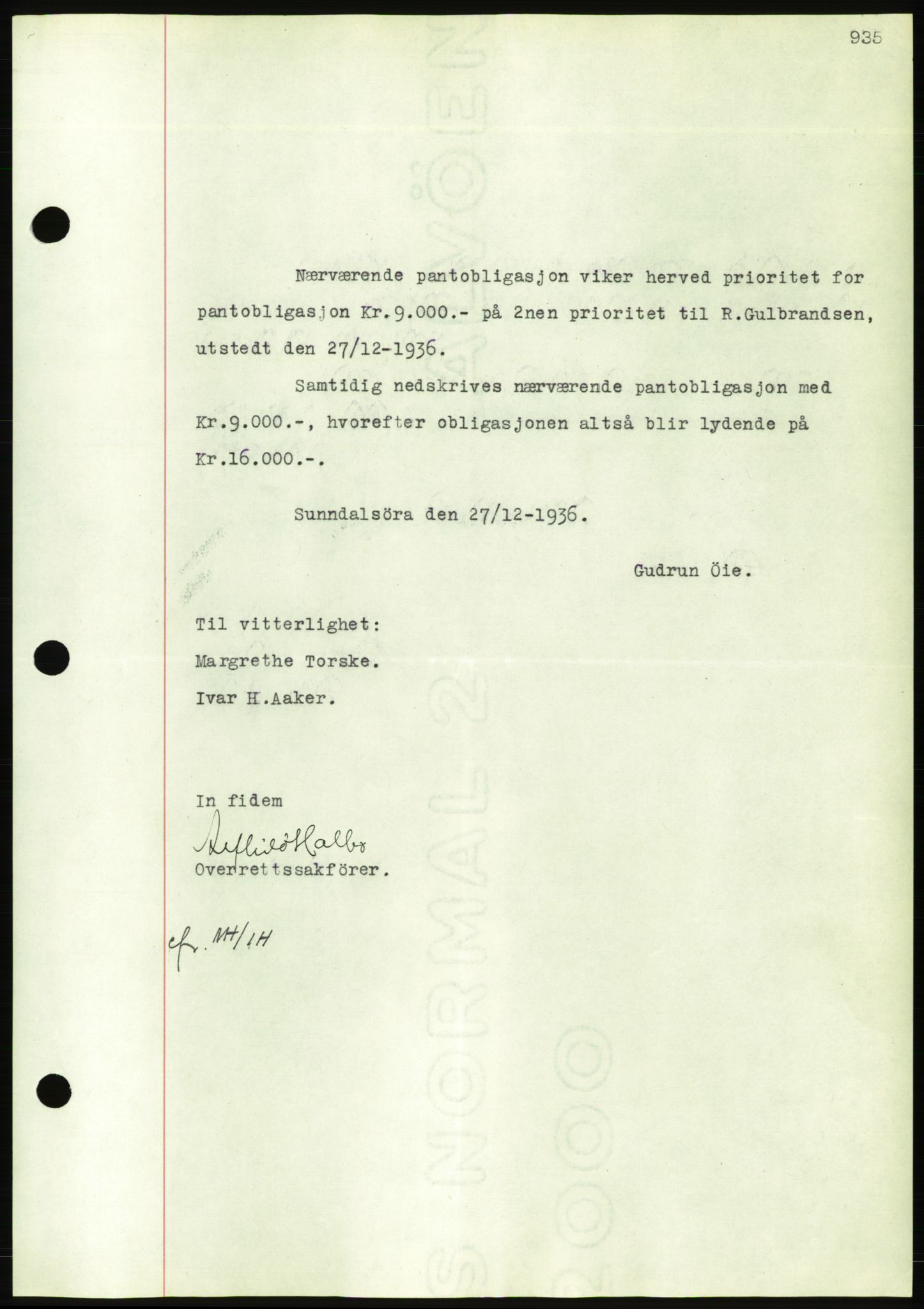 Nordmøre sorenskriveri, AV/SAT-A-4132/1/2/2Ca/L0090: Mortgage book no. B80, 1936-1937, Diary no: : 329/1937