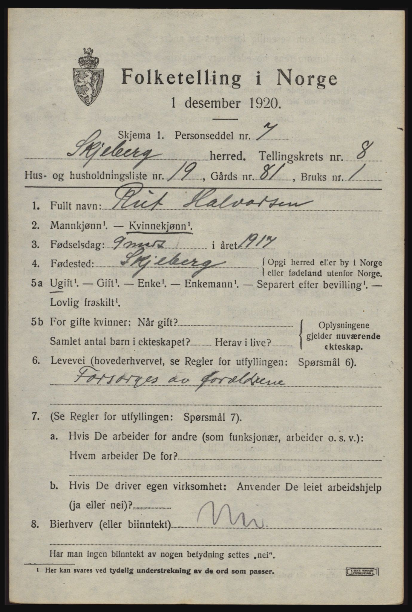 SAO, 1920 census for Skjeberg, 1920, p. 8109