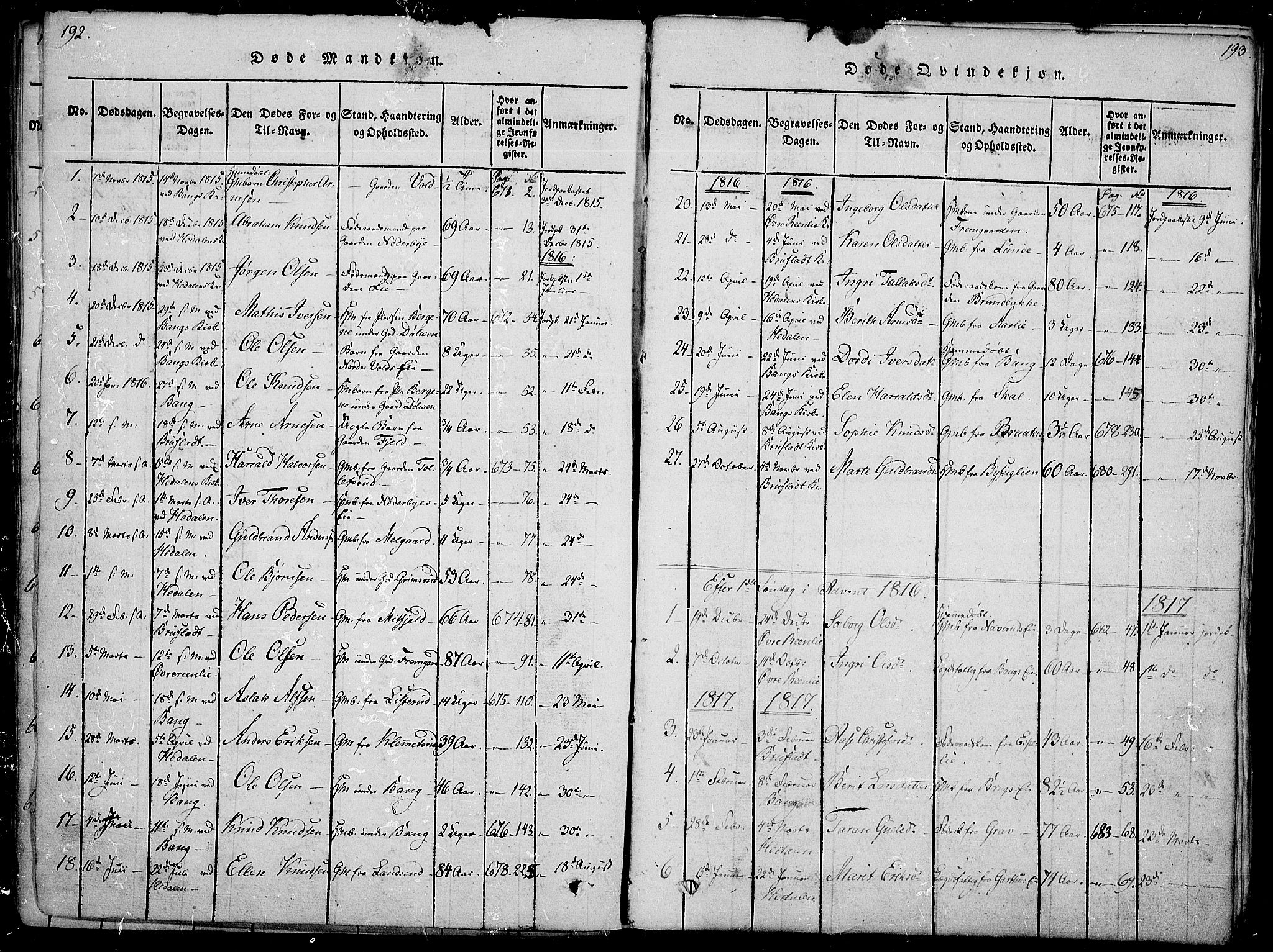 Sør-Aurdal prestekontor, SAH/PREST-128/H/Ha/Haa/L0002: Parish register (official) no. 2, 1815-1840, p. 192-193