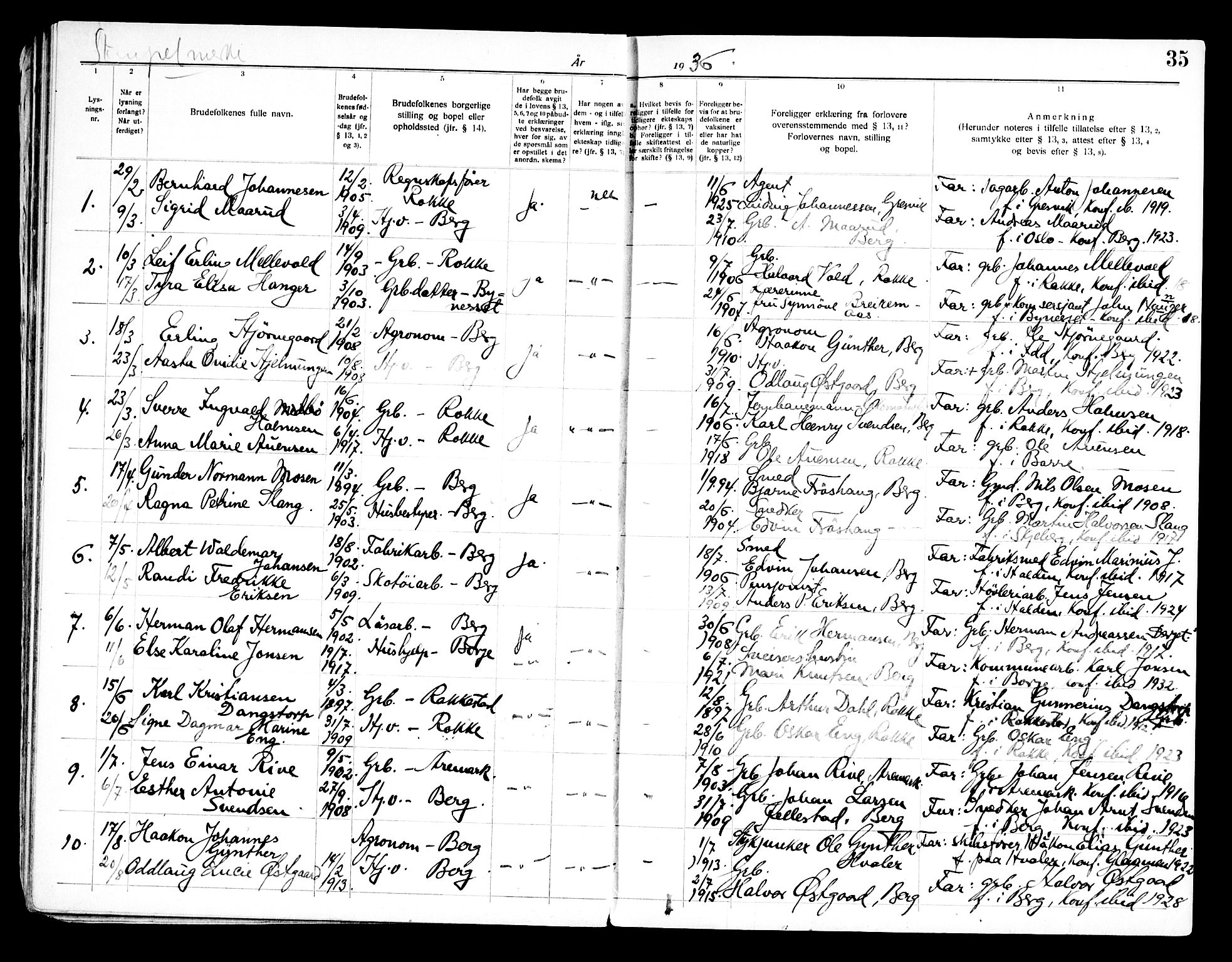 Berg prestekontor Kirkebøker, SAO/A-10902/H/Ha/L0002: Banns register no. I 2, 1919-1966, p. 35