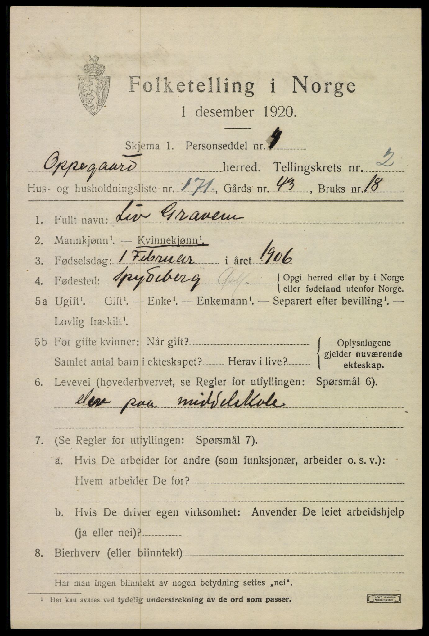 SAO, 1920 census for Oppegård, 1920, p. 4073