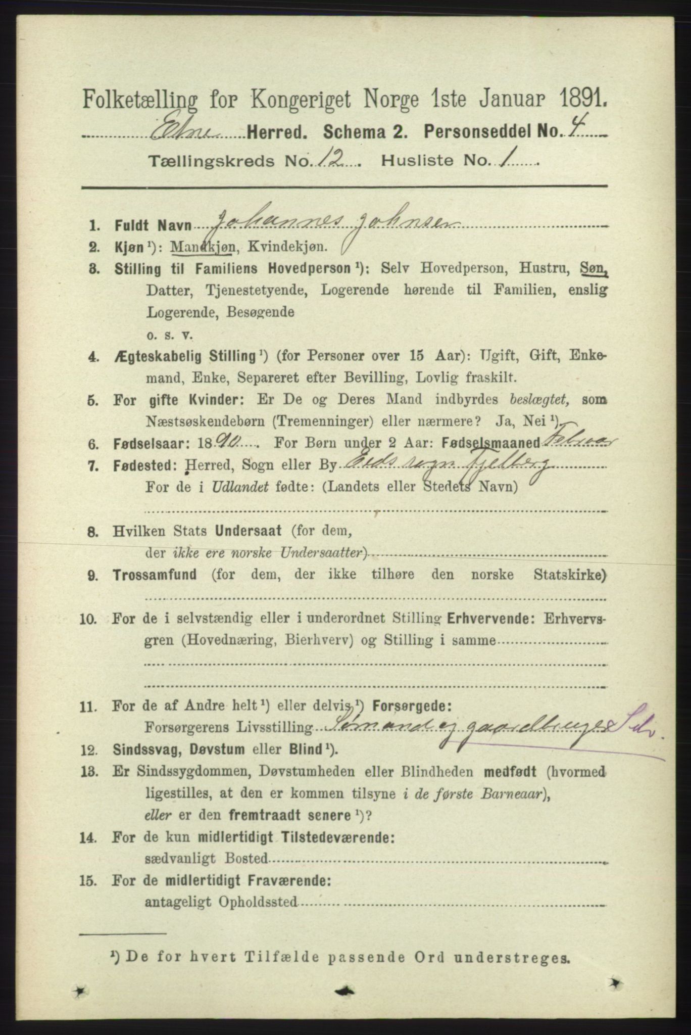 RA, 1891 census for 1211 Etne, 1891, p. 2558