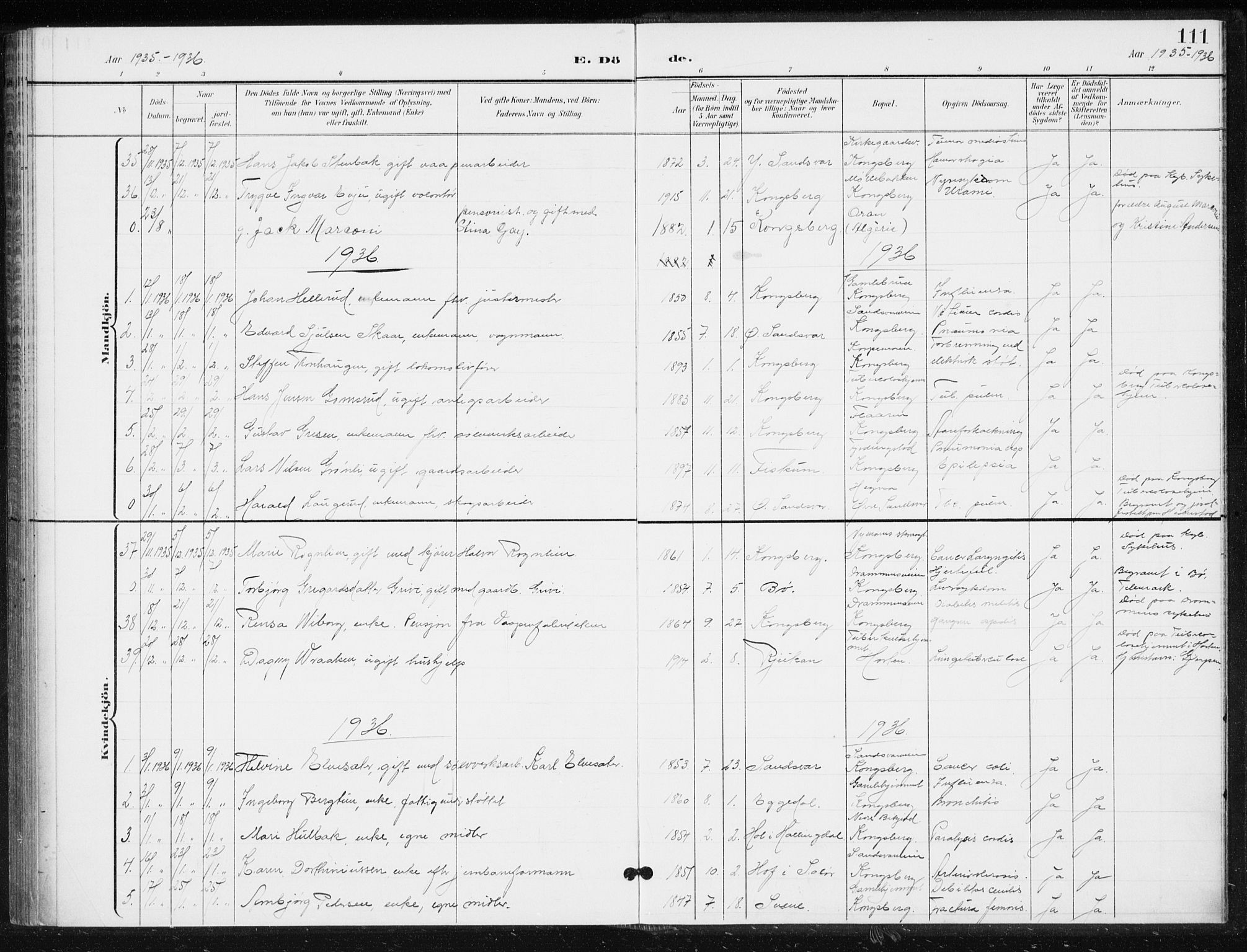 Kongsberg kirkebøker, AV/SAKO-A-22/G/Ga/L0009: Parish register (copy) no. 9, 1932-1938, p. 111