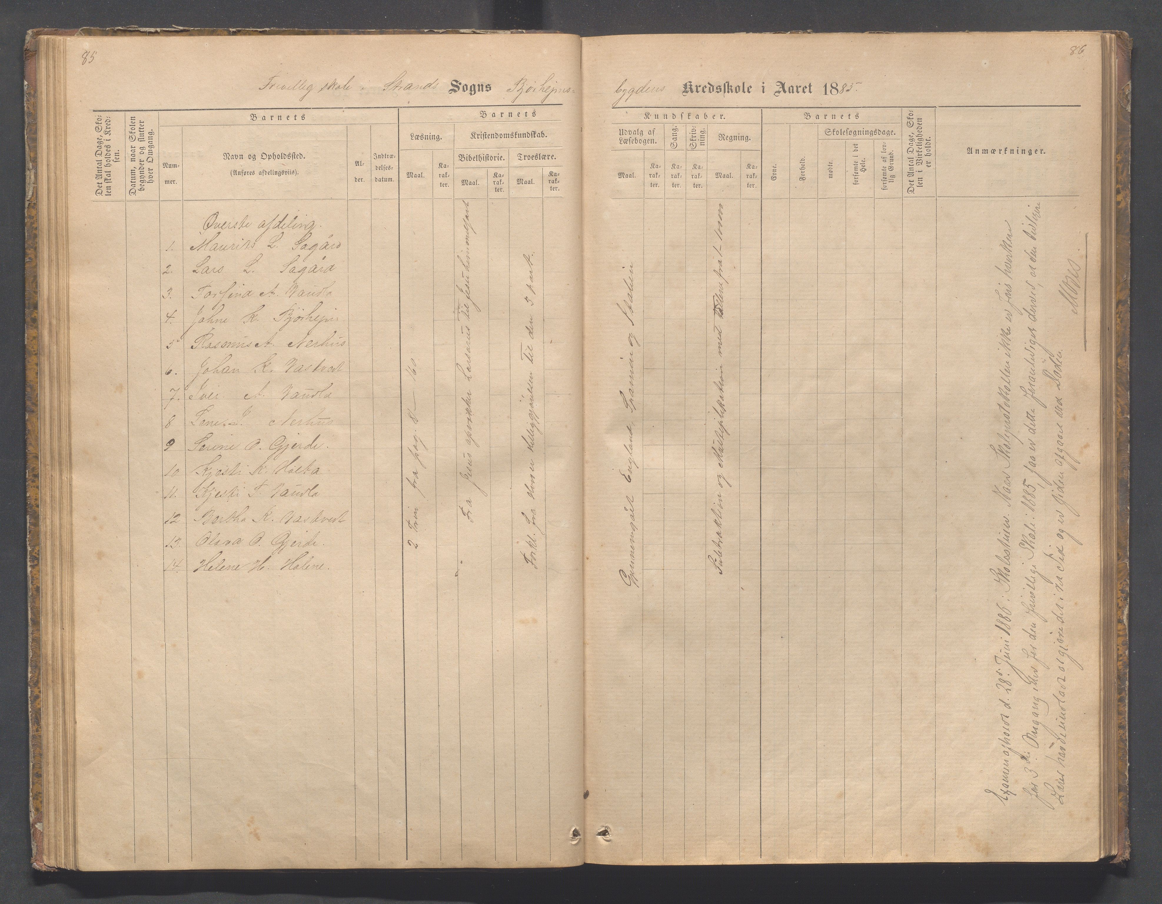 Strand kommune - Bjørheimsbygd skole, IKAR/A-147/H/L0001: Skoleprotokoll for Bjørheimsbygd,Lekvam og Hidle krets, 1873-1884, p. 85-86