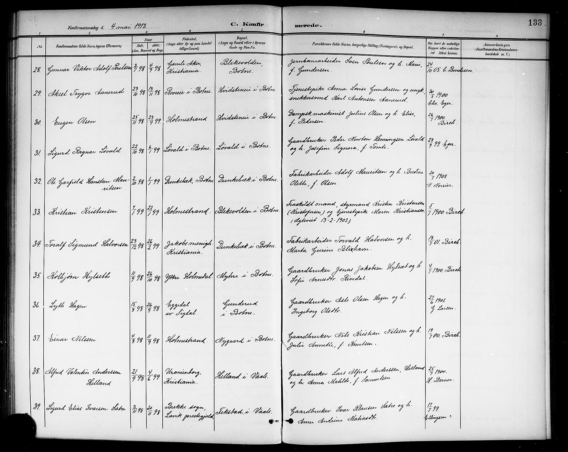 Holmestrand kirkebøker, AV/SAKO-A-346/G/Ga/L0006: Parish register (copy) no. 6, 1901-1923, p. 133