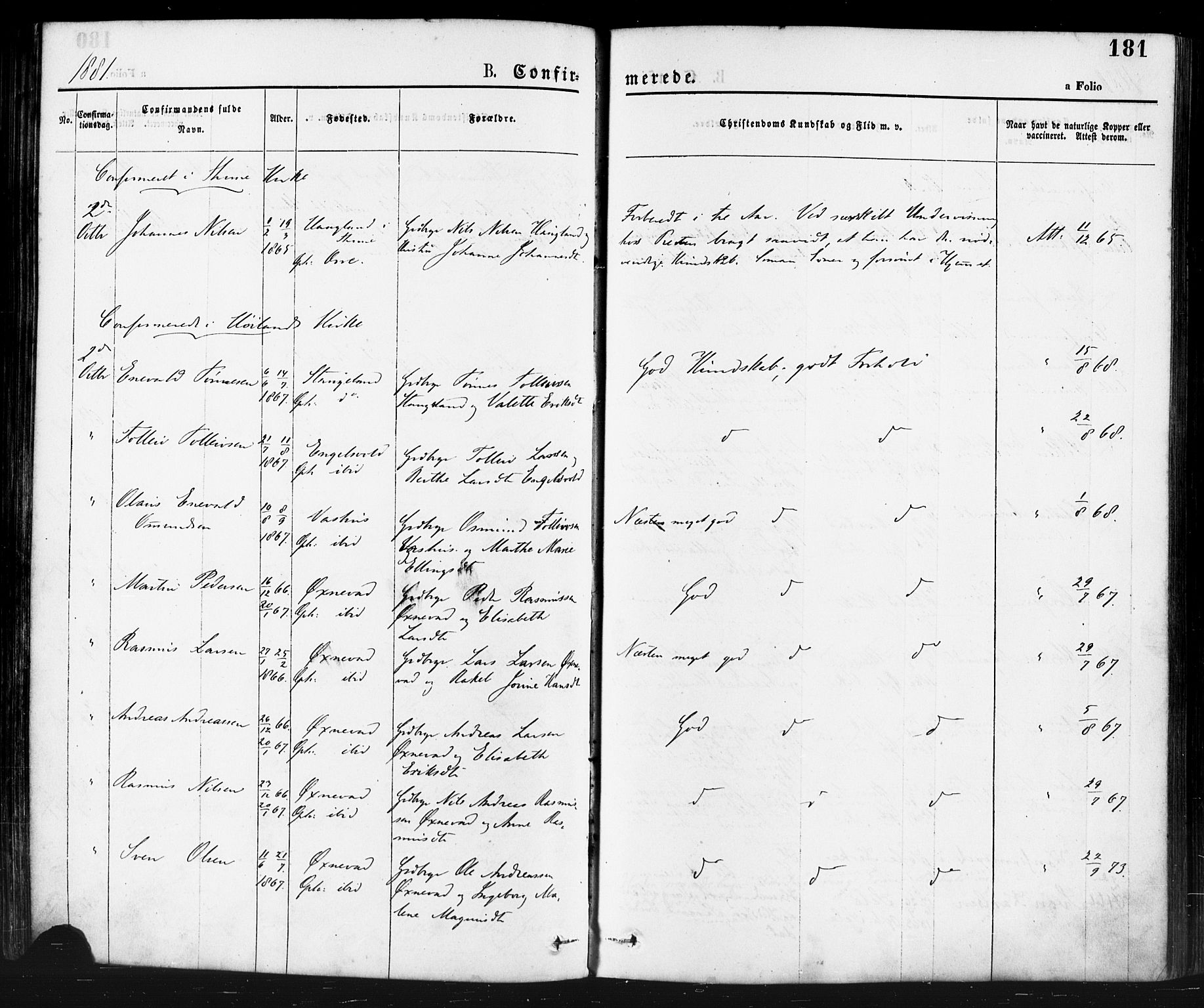 Klepp sokneprestkontor, AV/SAST-A-101803/001/3/30BA/L0006: Parish register (official) no. A 6, 1871-1885, p. 181