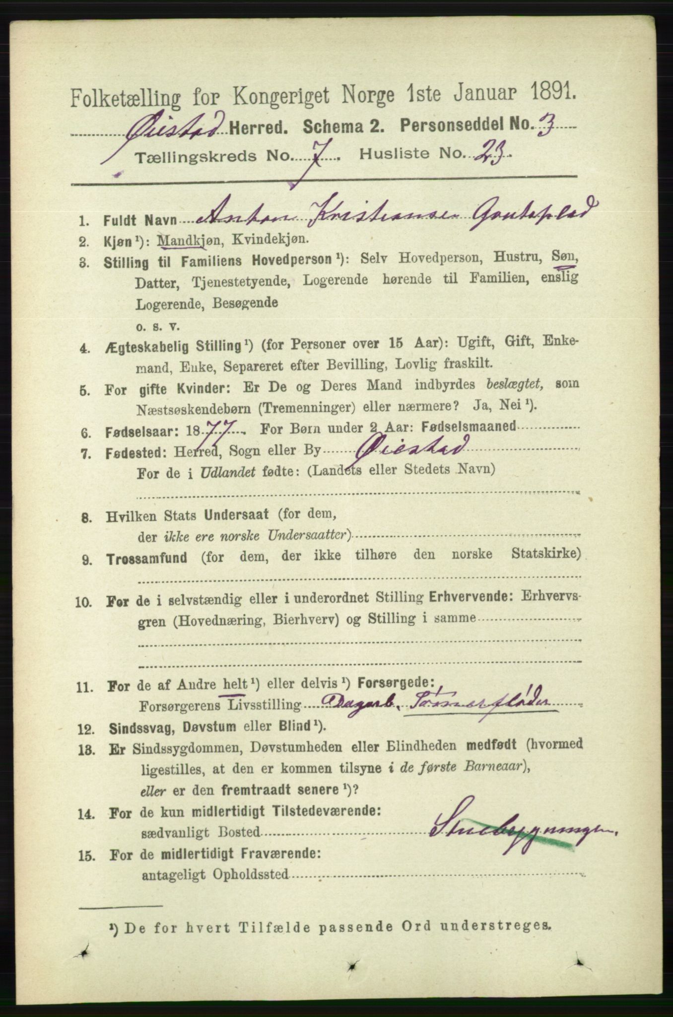 RA, 1891 census for 0920 Øyestad, 1891, p. 2792