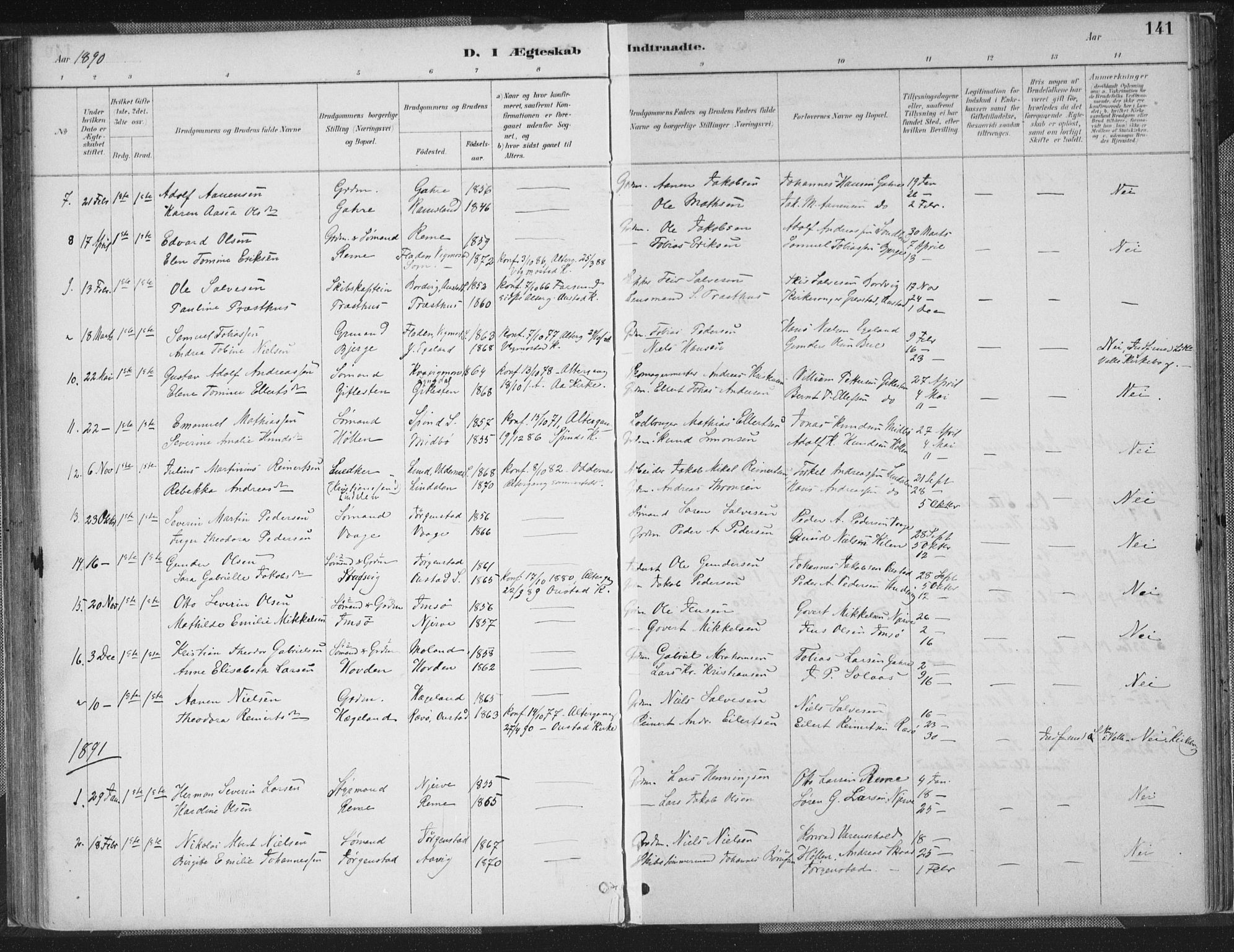 Sør-Audnedal sokneprestkontor, AV/SAK-1111-0039/F/Fa/Faa/L0004: Parish register (official) no. A 4, 1884-1909, p. 141