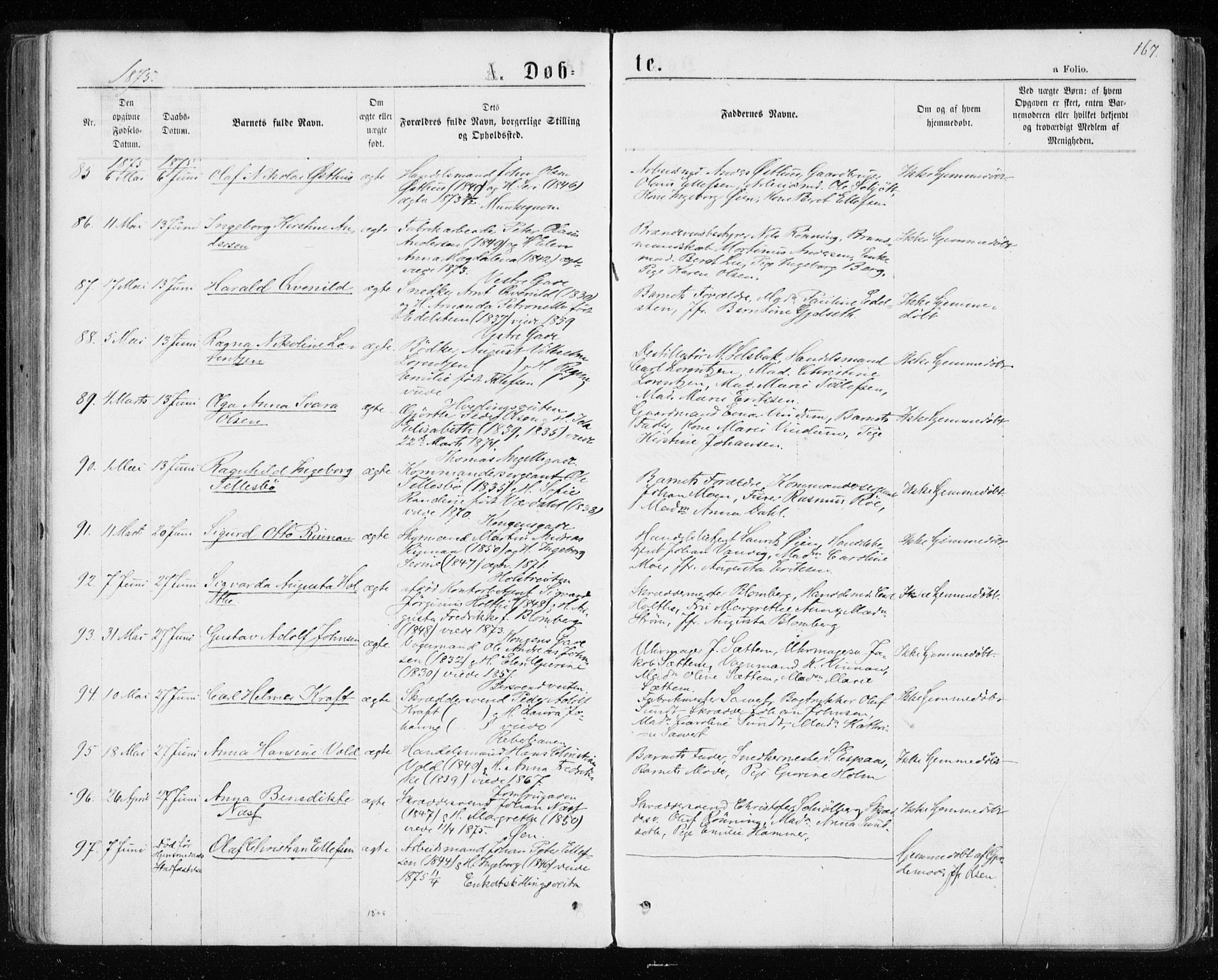 Ministerialprotokoller, klokkerbøker og fødselsregistre - Sør-Trøndelag, SAT/A-1456/601/L0054: Parish register (official) no. 601A22, 1866-1877, p. 167