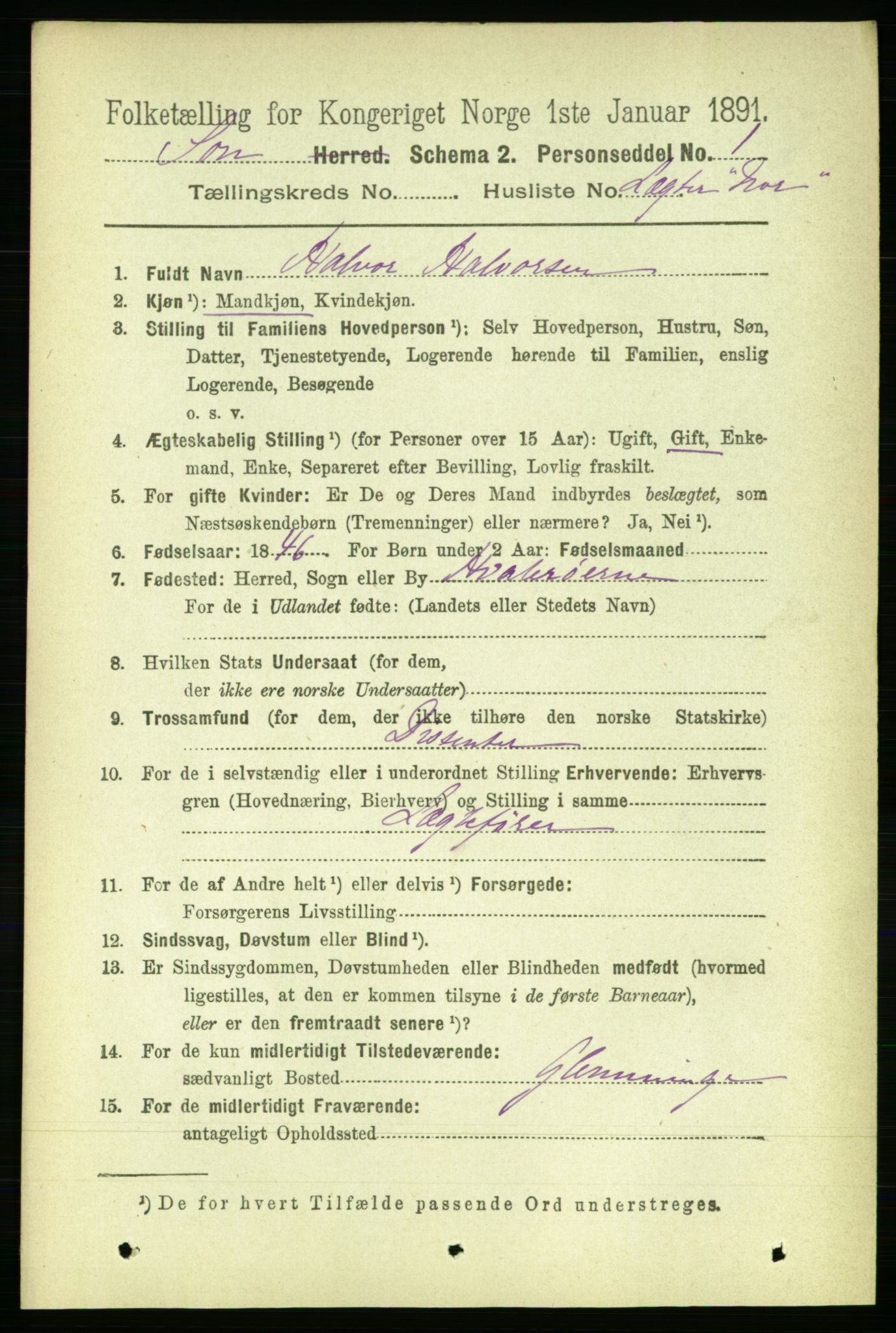 RA, 1891 census for 0201 Son, 1891, p. 836