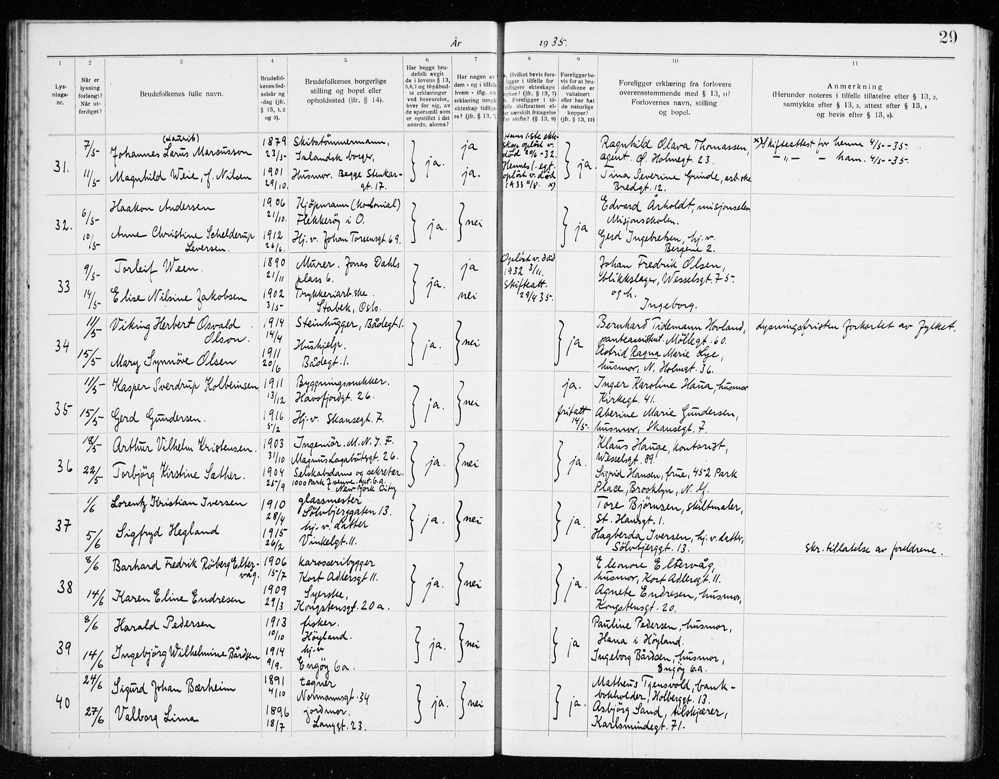 St. Petri sokneprestkontor, AV/SAST-A-101813/001/70/705BA/L0008: Banns register no. 705.BA.8, 1932-1941, p. 29