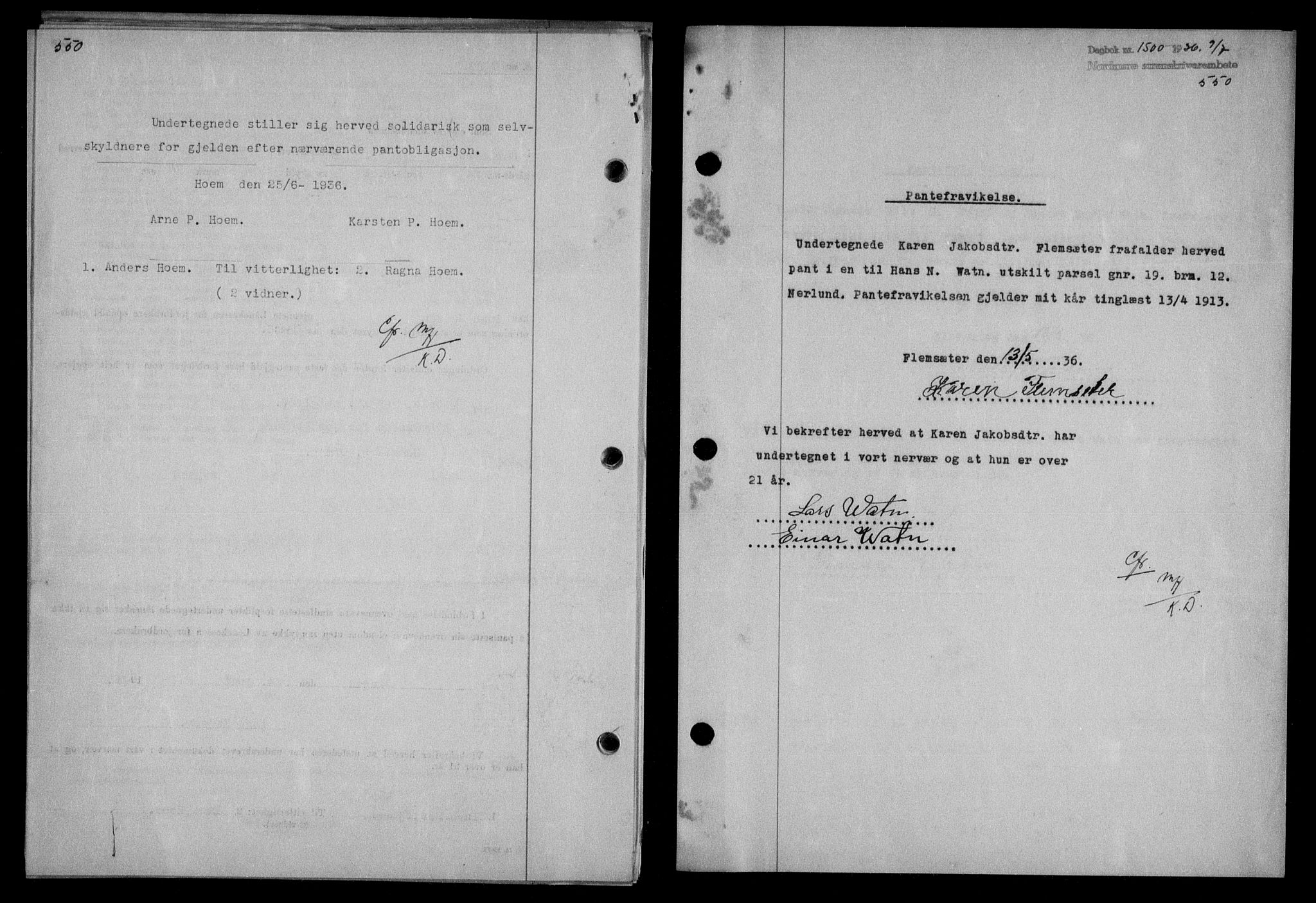 Nordmøre sorenskriveri, AV/SAT-A-4132/1/2/2Ca/L0088: Mortgage book no. 78, 1936-1936, Diary no: : 1500/1936