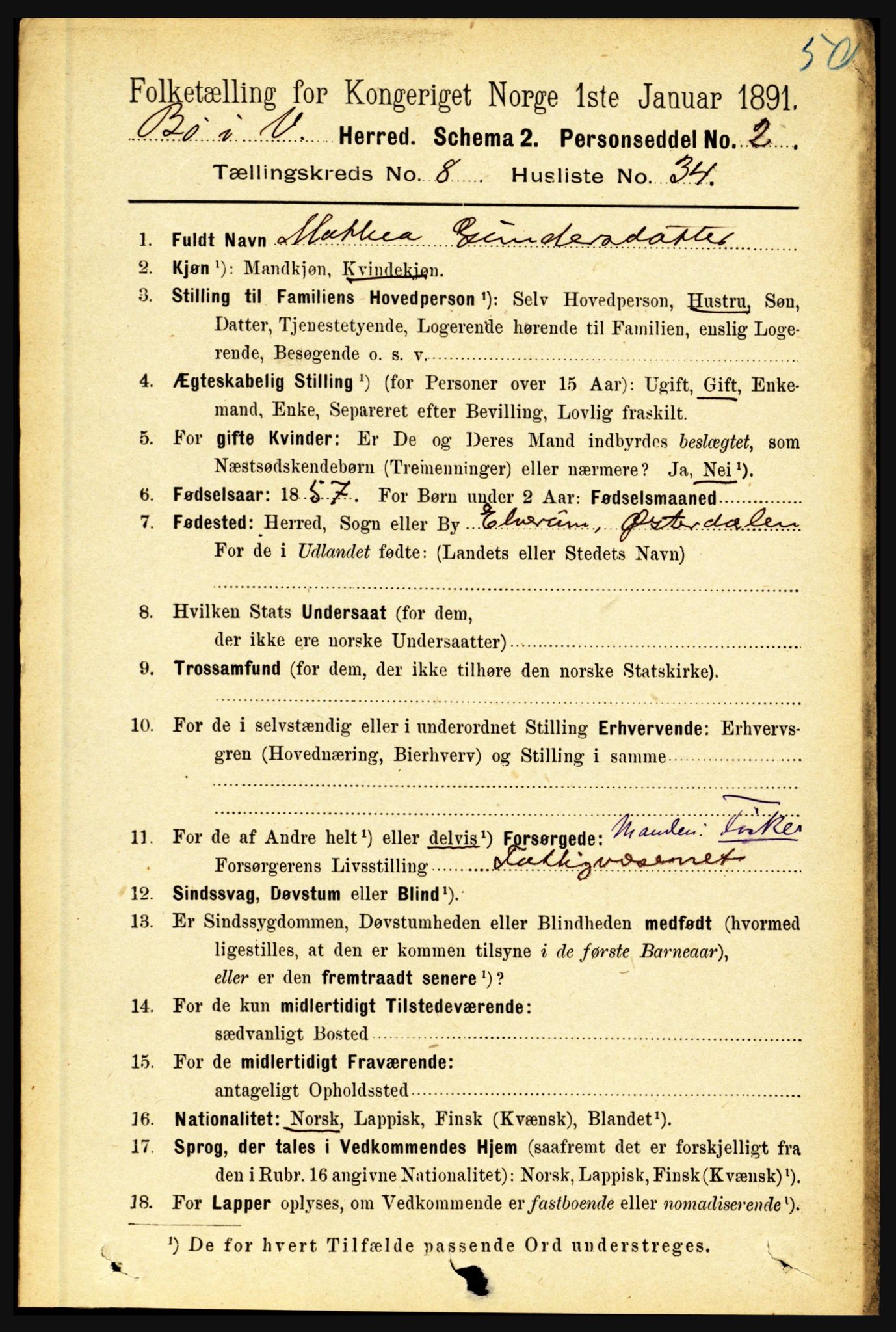 RA, 1891 census for 1867 Bø, 1891, p. 3213