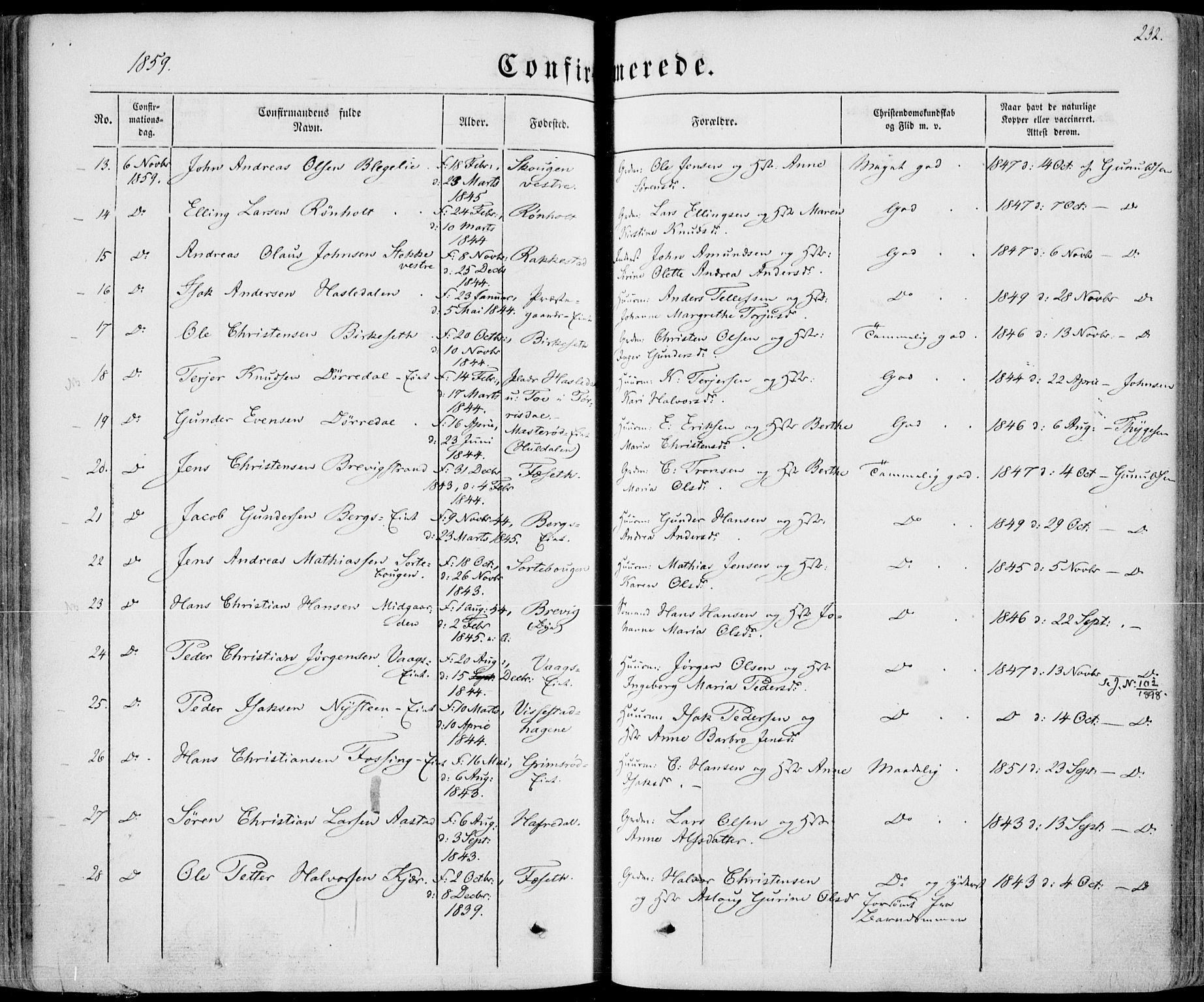 Bamble kirkebøker, AV/SAKO-A-253/F/Fa/L0005: Parish register (official) no. I 5, 1854-1869, p. 232