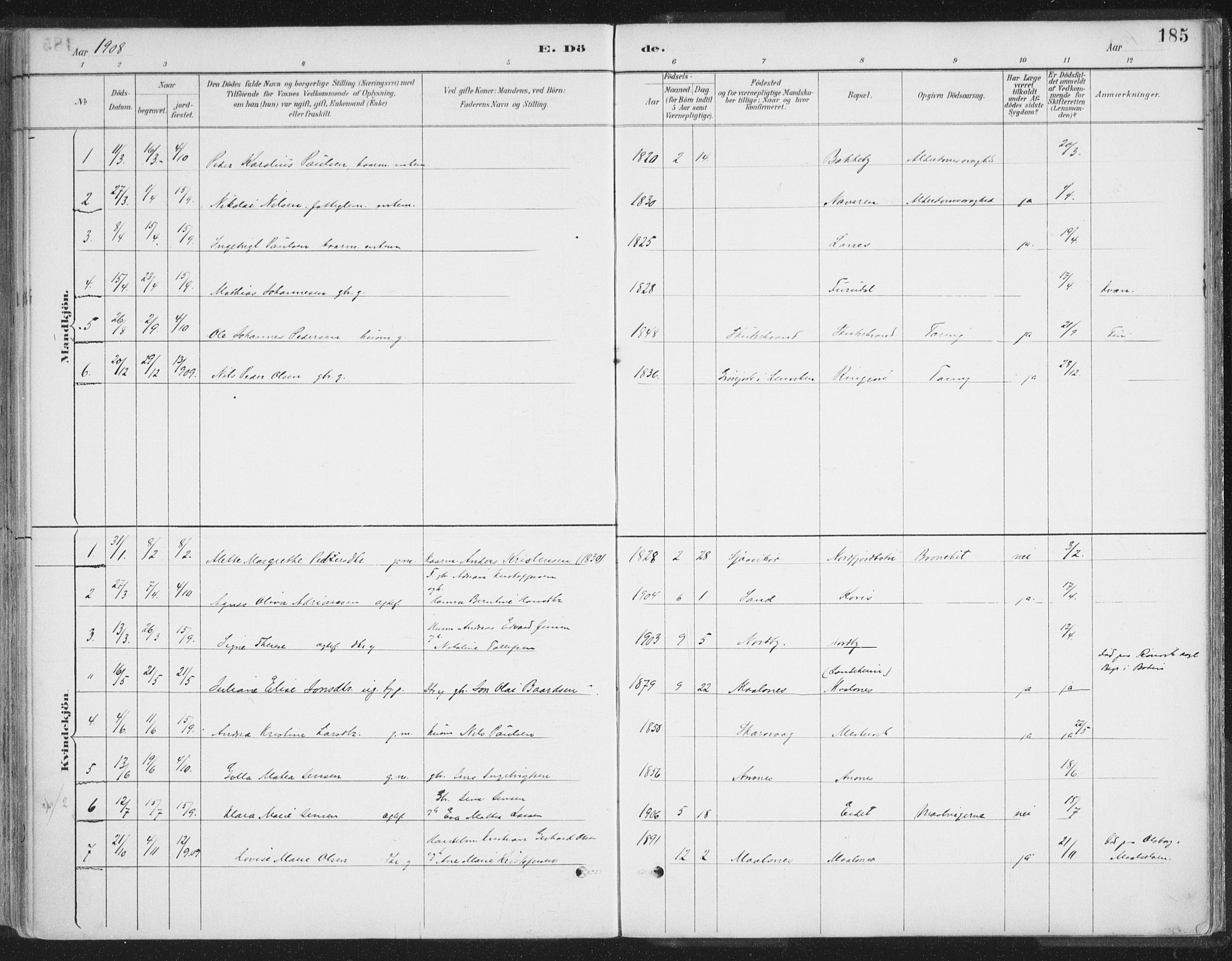 Balsfjord sokneprestembete, SATØ/S-1303/G/Ga/L0007kirke: Parish register (official) no. 7, 1887-1909, p. 185