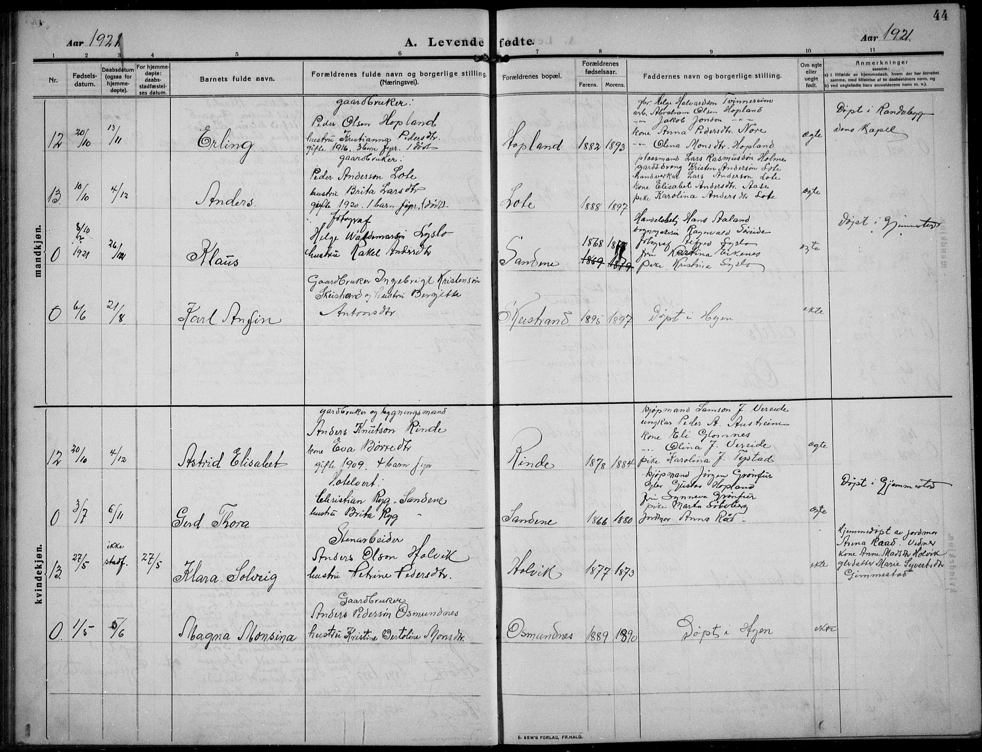 Gloppen sokneprestembete, AV/SAB-A-80101/H/Hab/Habb/L0003: Parish register (copy) no. B 3, 1910-1933, p. 44