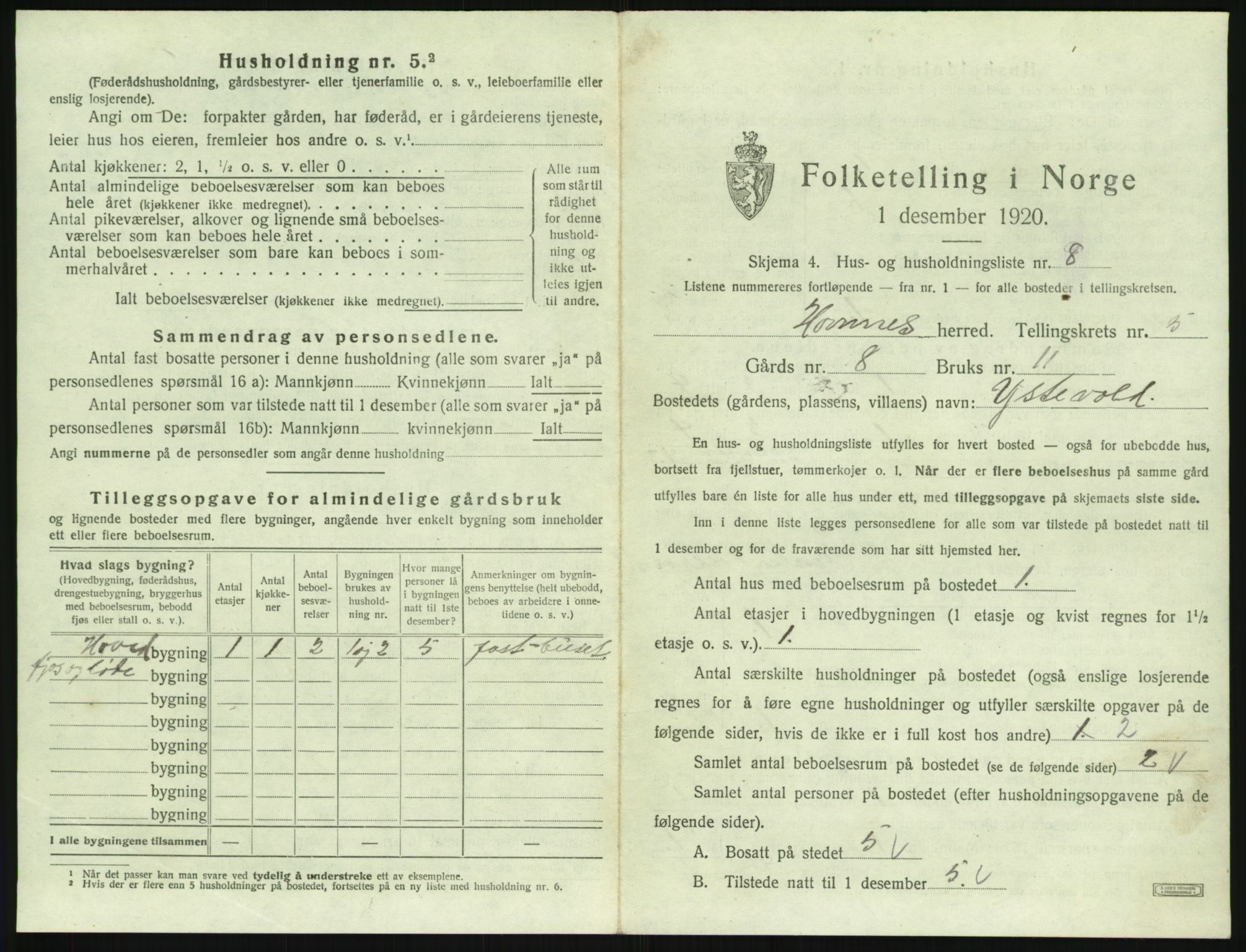 SAK, 1920 census for Hornnes, 1920, p. 219