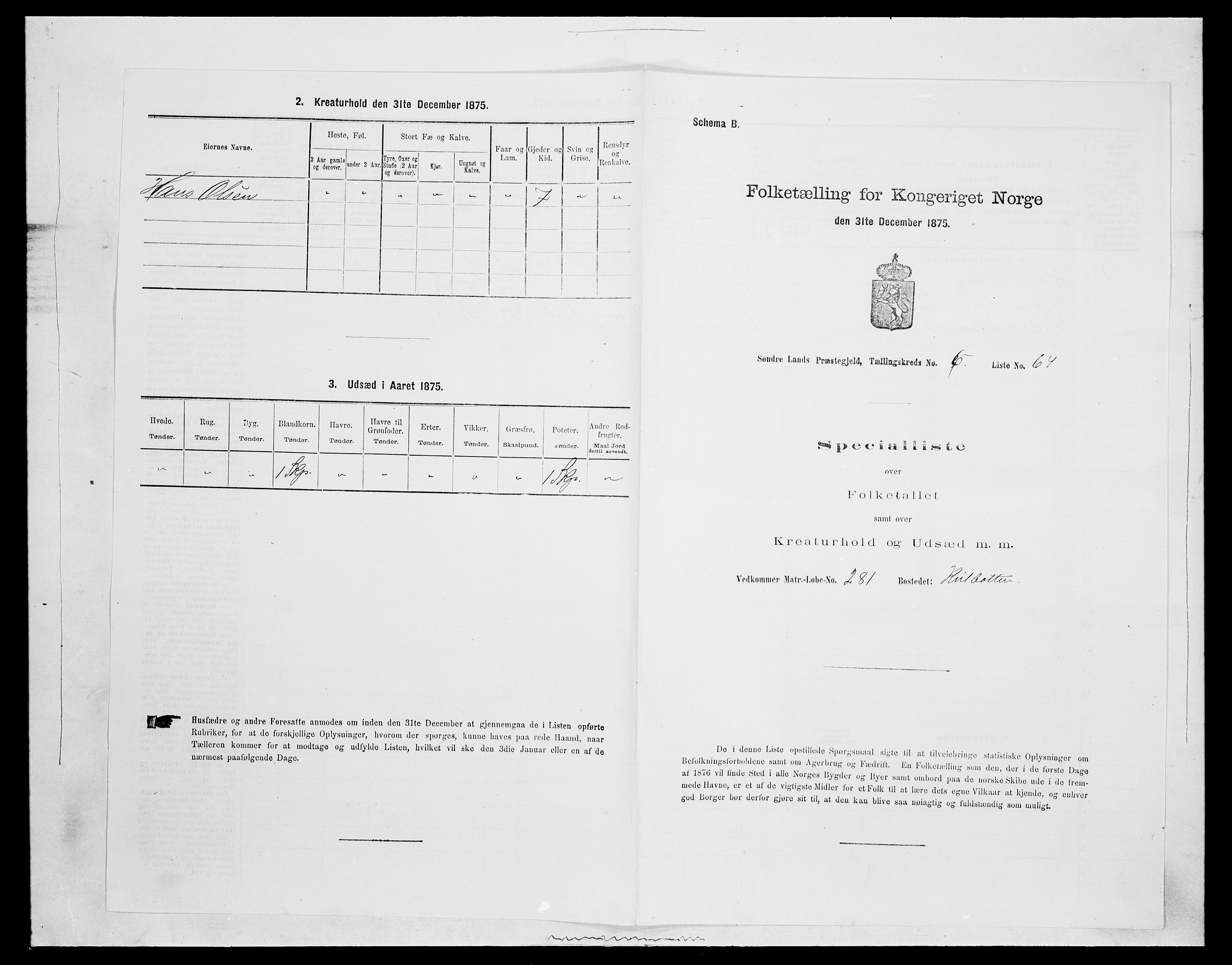 SAH, 1875 census for 0536P Søndre Land, 1875, p. 989