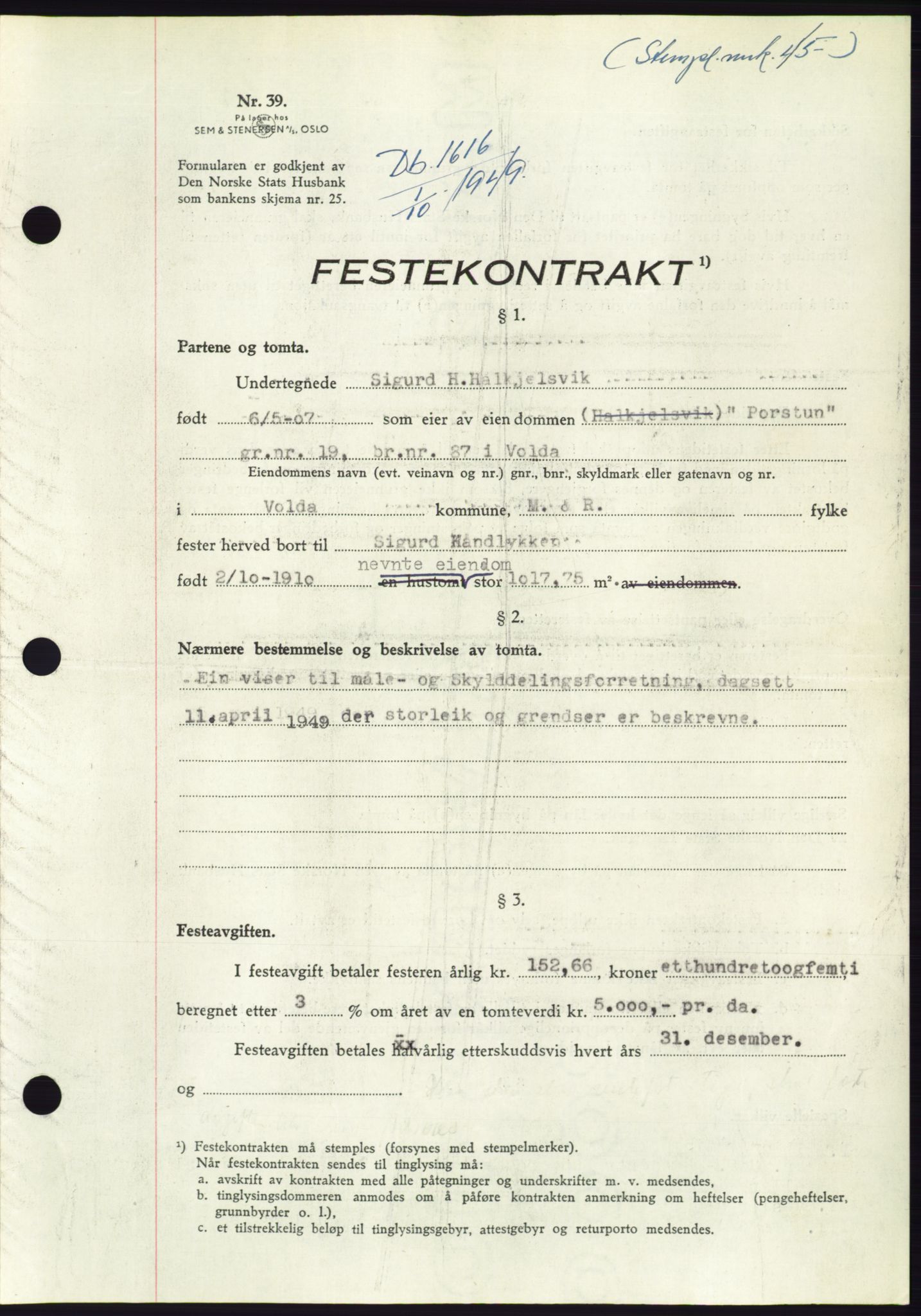 Søre Sunnmøre sorenskriveri, AV/SAT-A-4122/1/2/2C/L0085: Mortgage book no. 11A, 1949-1949, Diary no: : 1616/1949