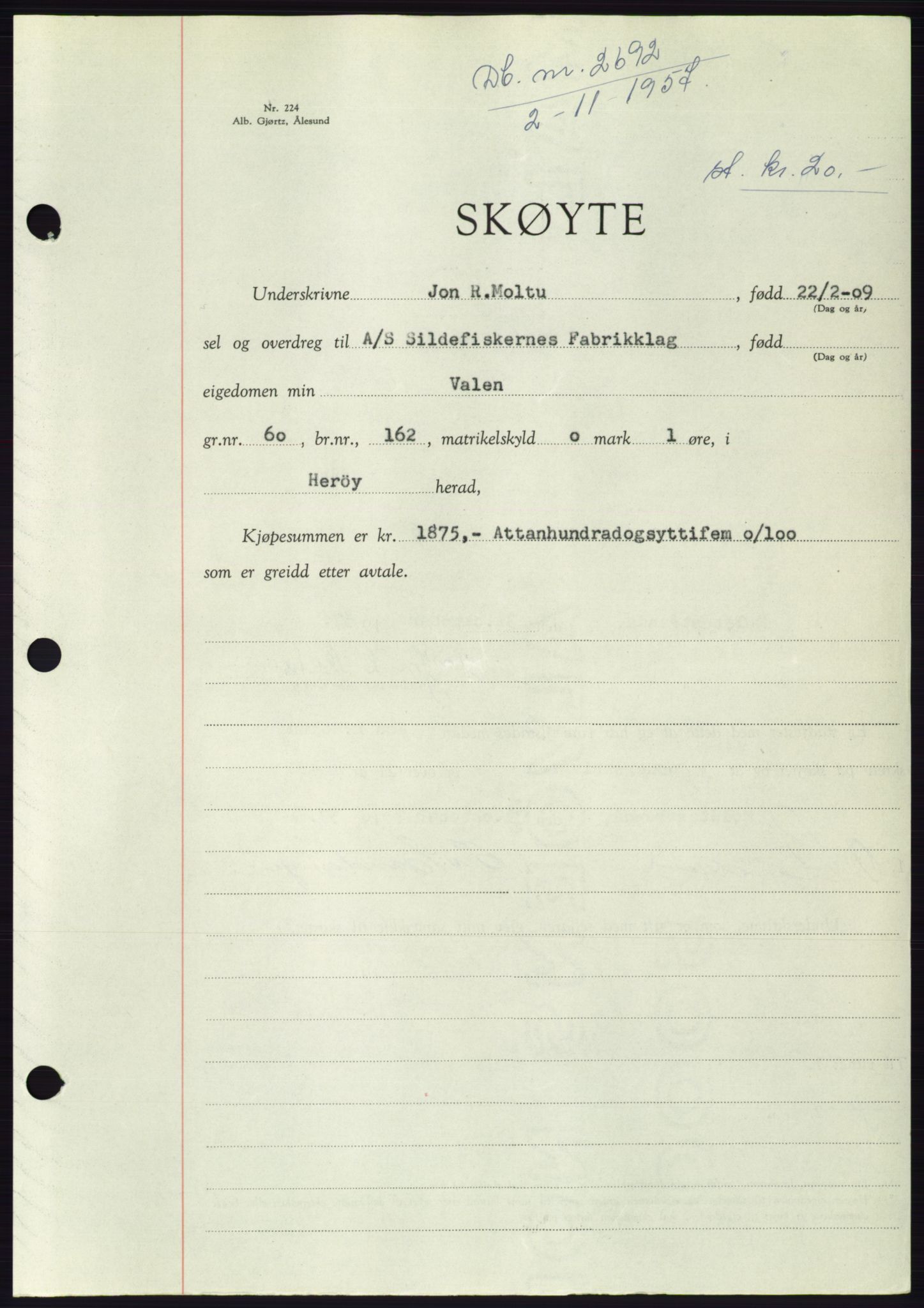 Søre Sunnmøre sorenskriveri, AV/SAT-A-4122/1/2/2C/L0108: Mortgage book no. 34A, 1957-1958, Diary no: : 2692/1957