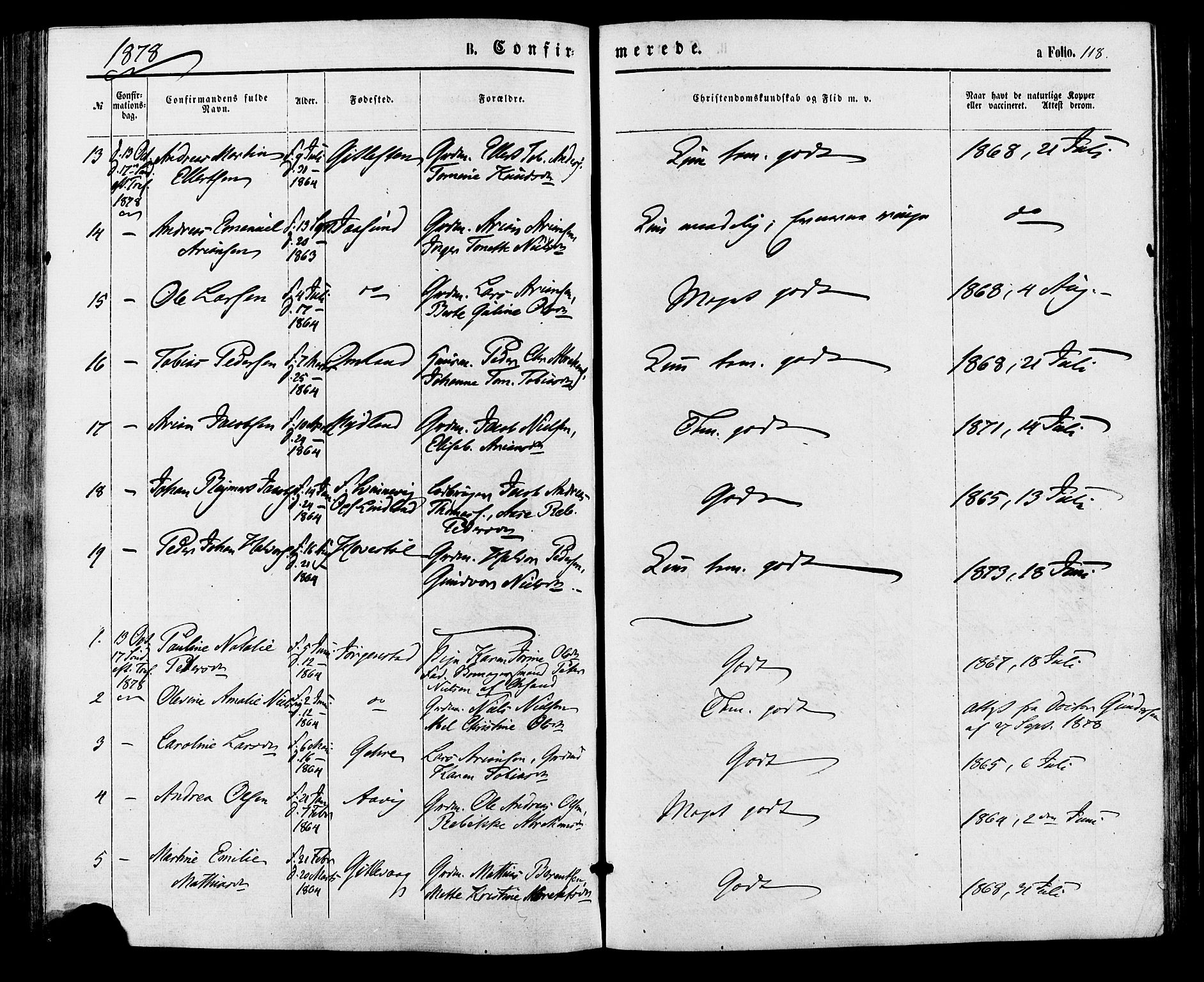 Sør-Audnedal sokneprestkontor, SAK/1111-0039/F/Fa/Faa/L0003: Parish register (official) no. A 3, 1868-1883, p. 118