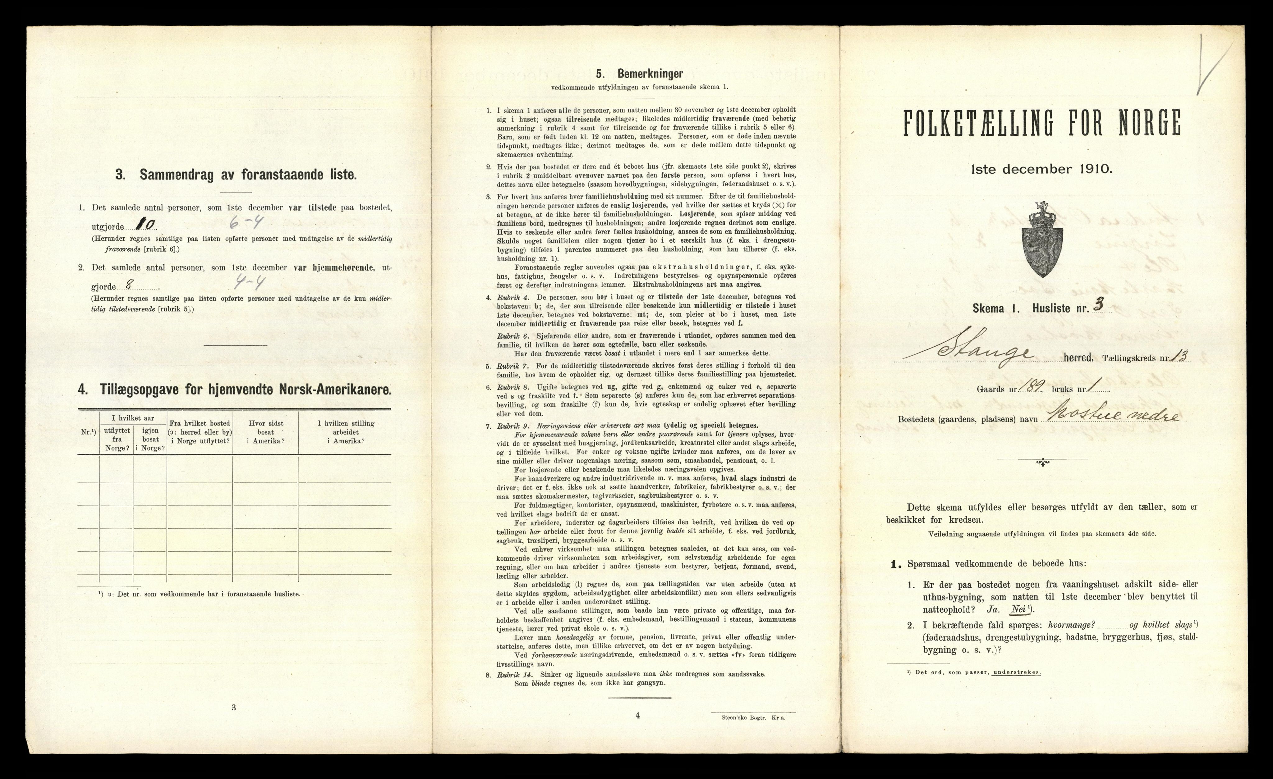 RA, 1910 census for Stange, 1910, p. 2476