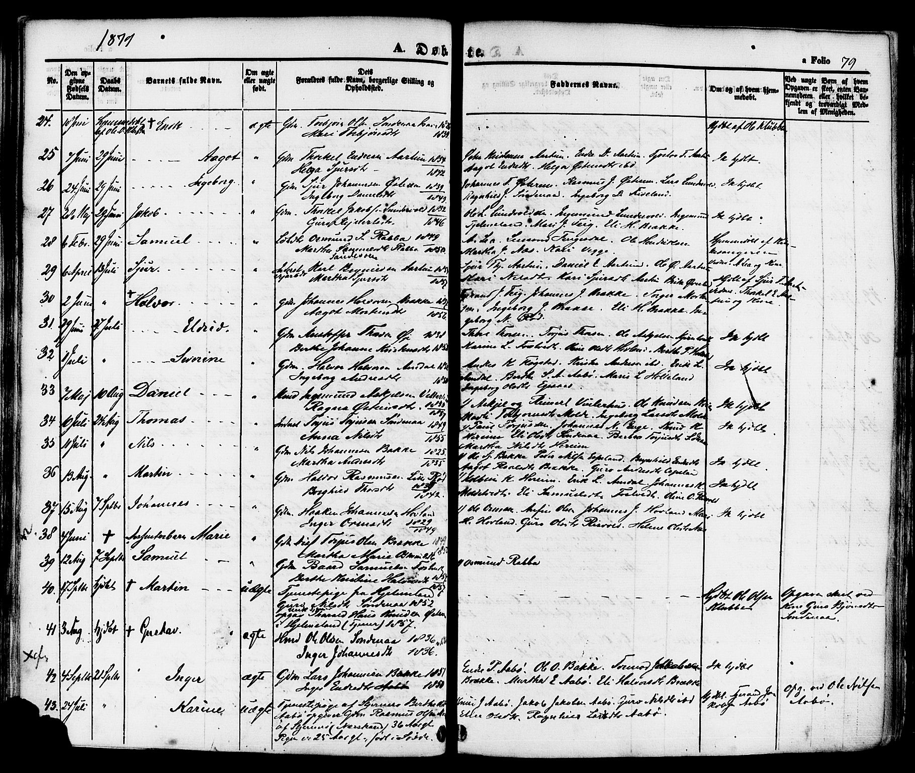 Sand sokneprestkontor, AV/SAST-A-101848/01/III/L0004: Parish register (official) no. A 4, 1859-1880, p. 79