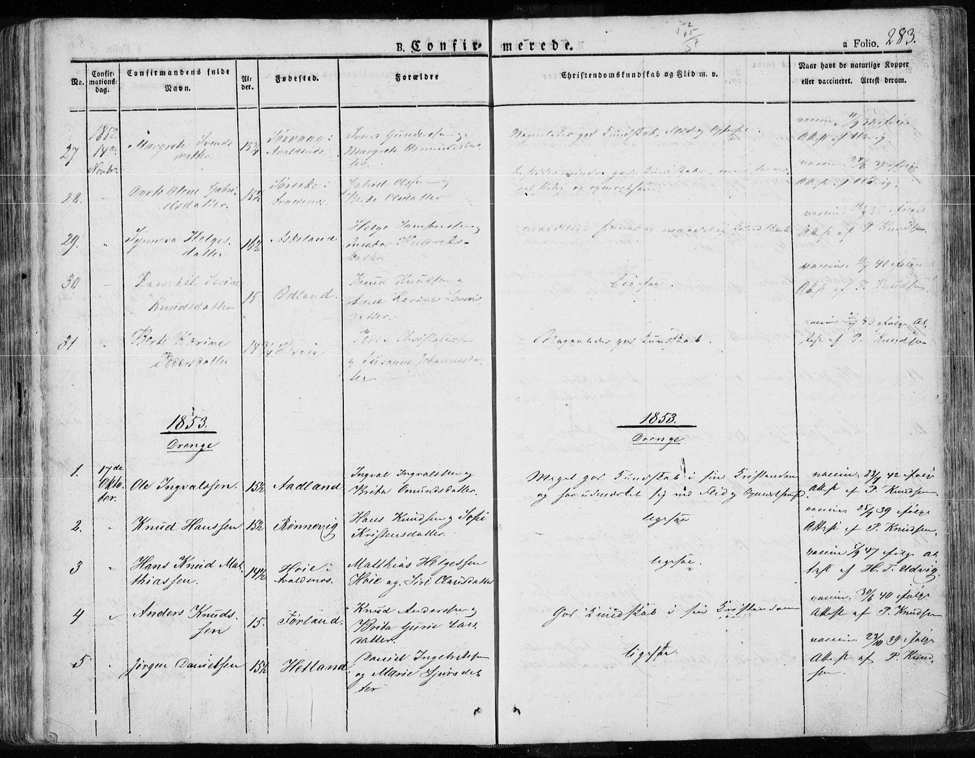 Tysvær sokneprestkontor, SAST/A -101864/H/Ha/Haa/L0001: Parish register (official) no. A 1.1, 1831-1856, p. 283