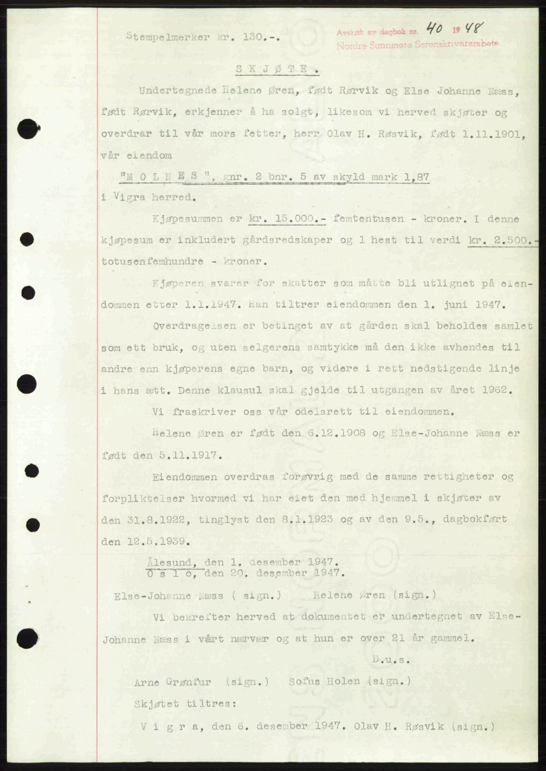 Nordre Sunnmøre sorenskriveri, AV/SAT-A-0006/1/2/2C/2Ca: Mortgage book no. A26, 1947-1948, Diary no: : 40/1948