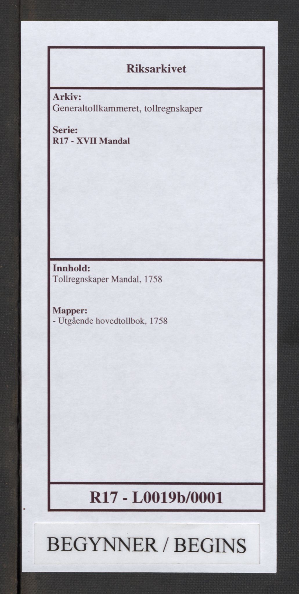 Generaltollkammeret, tollregnskaper, RA/EA-5490/R17/L0019b/0001: Tollregnskaper Mandal / Utgående hovedtollbok, 1758
