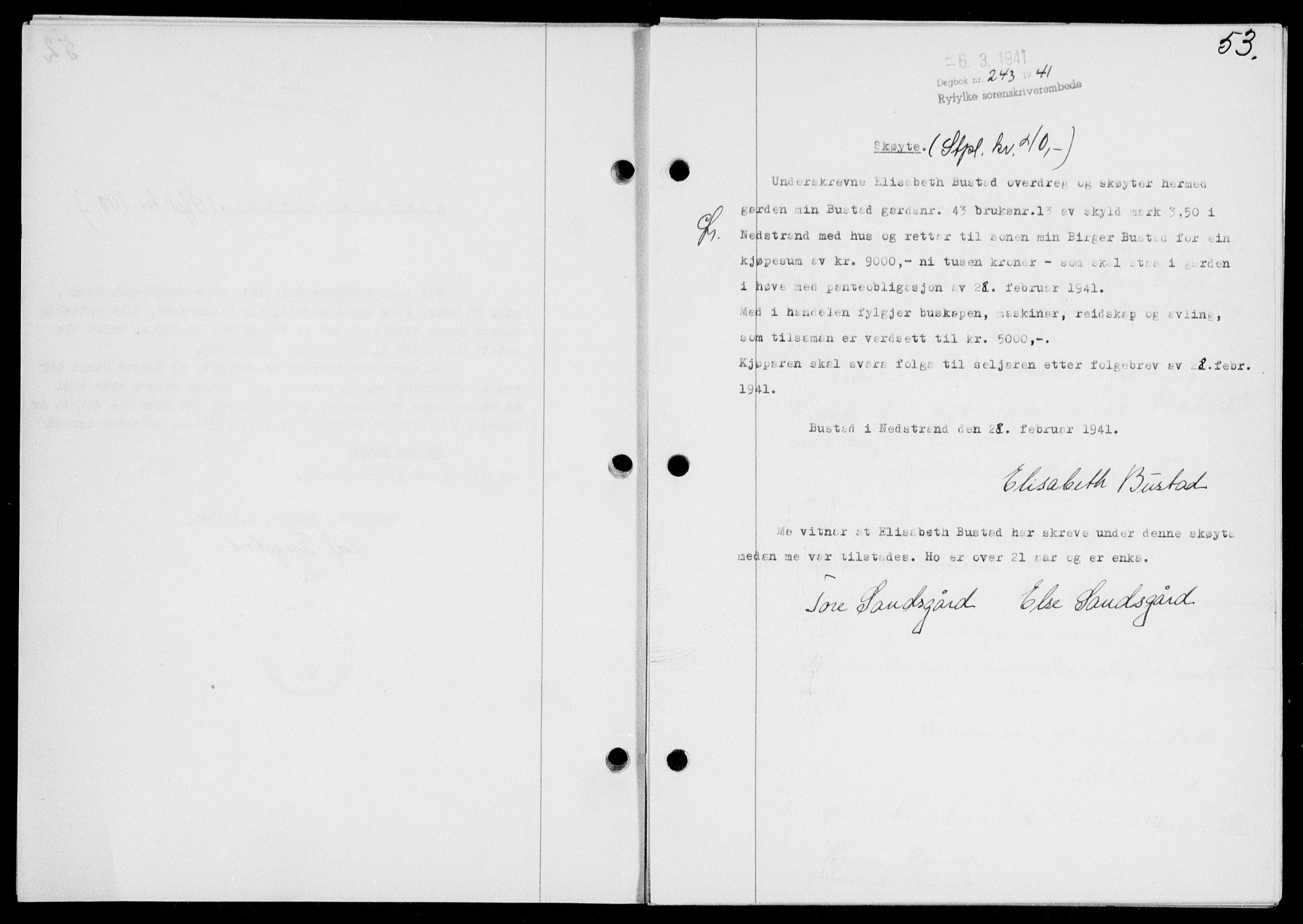 Ryfylke tingrett, SAST/A-100055/001/II/IIB/L0085: Mortgage book no. 64, 1941-1941, Diary no: : 243/1941