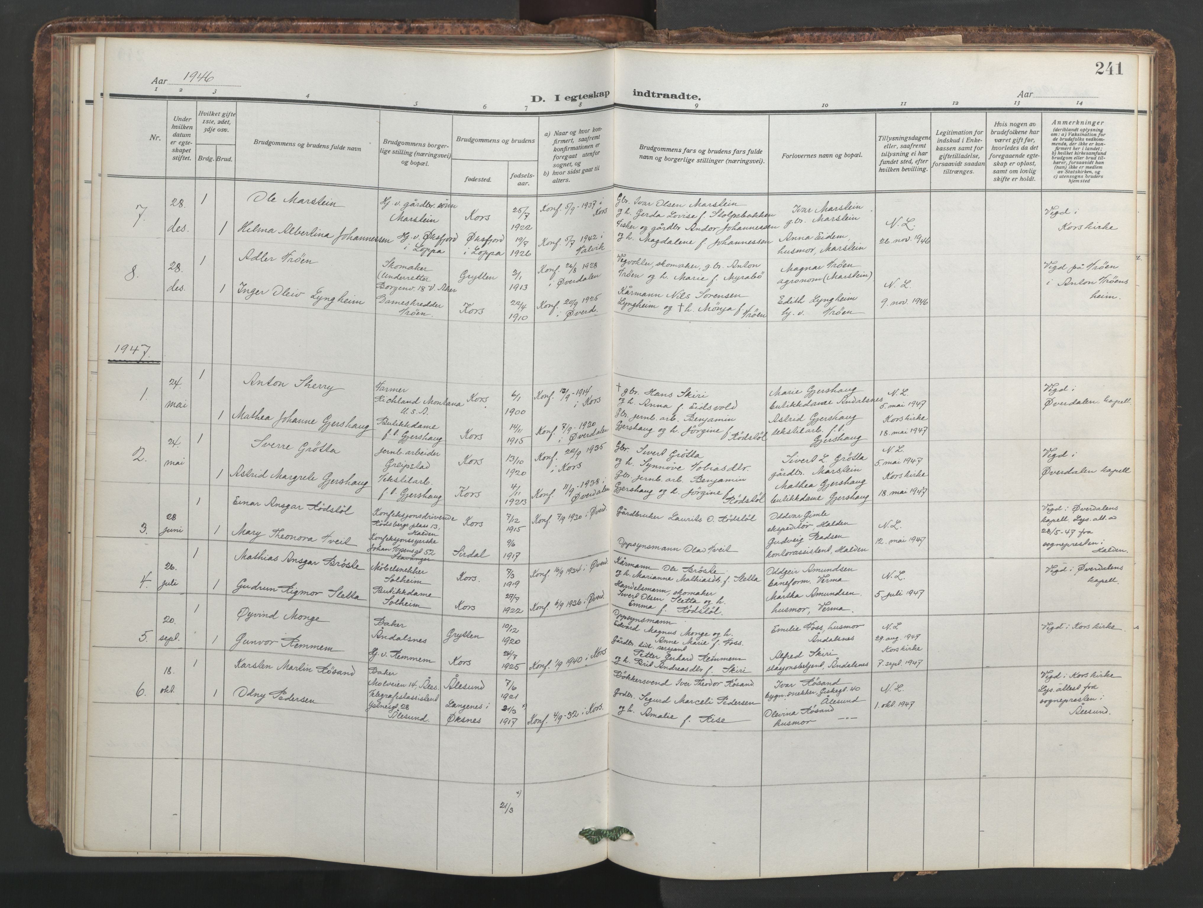 Ministerialprotokoller, klokkerbøker og fødselsregistre - Møre og Romsdal, SAT/A-1454/546/L0597: Parish register (copy) no. 546C03, 1921-1959, p. 241