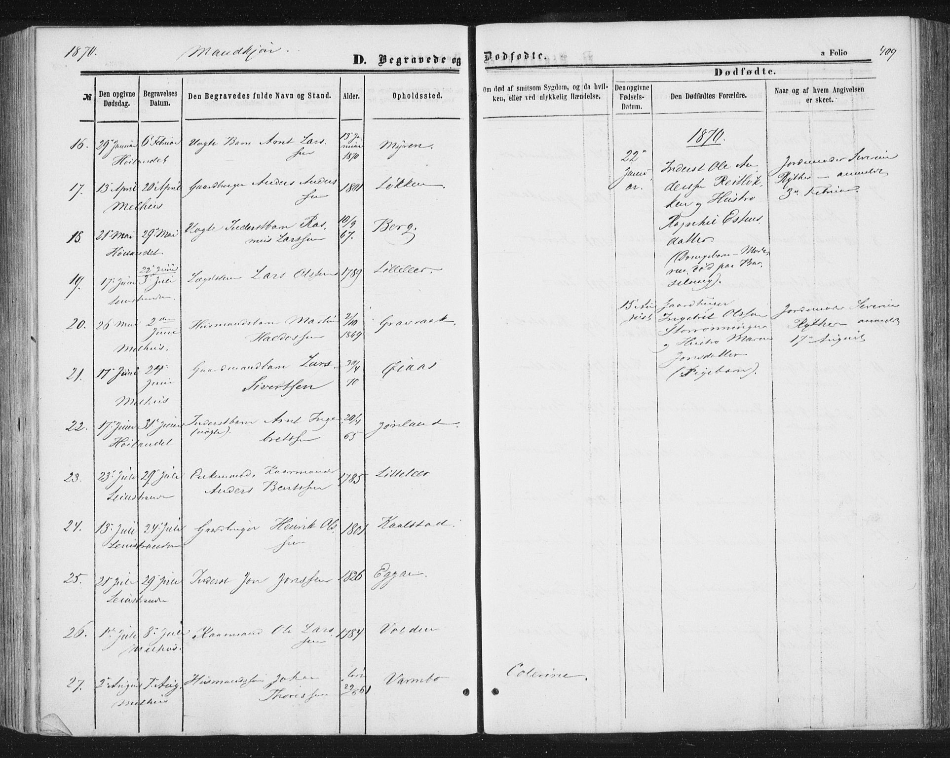 Ministerialprotokoller, klokkerbøker og fødselsregistre - Sør-Trøndelag, AV/SAT-A-1456/691/L1077: Parish register (official) no. 691A09, 1862-1873, p. 409