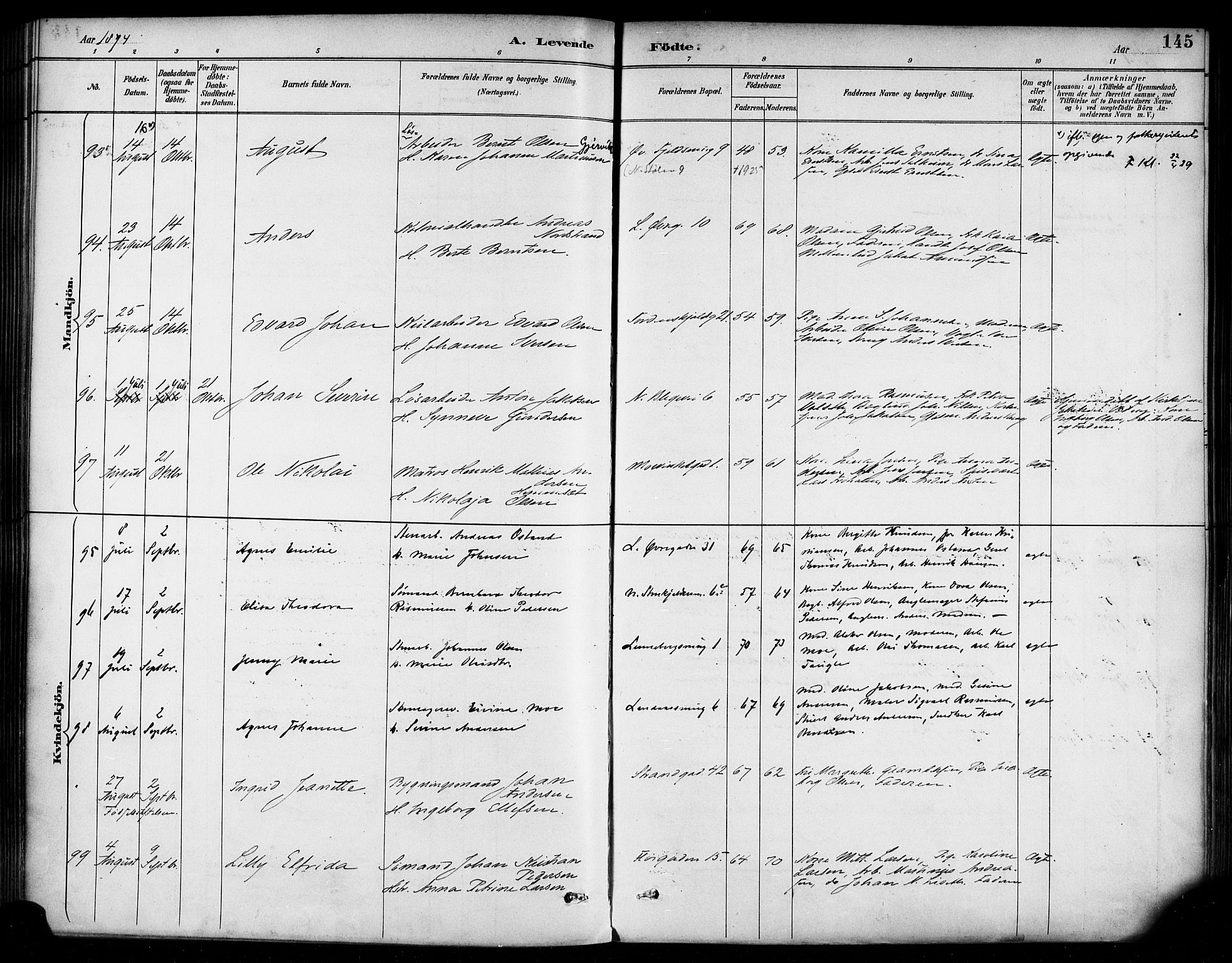 Korskirken sokneprestembete, SAB/A-76101/H/Haa/L0022: Parish register (official) no. B 8, 1889-1899, p. 145