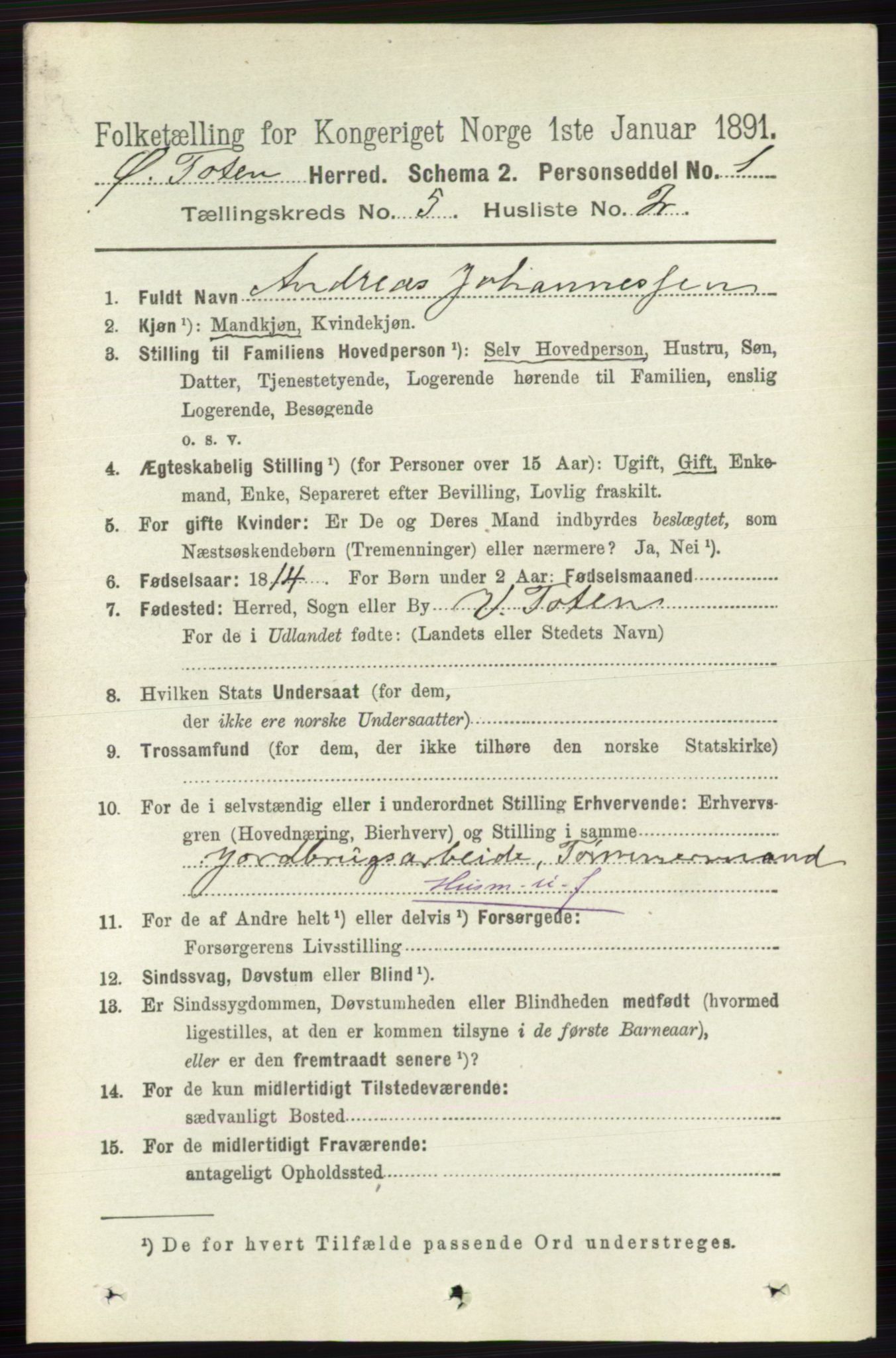 RA, 1891 census for 0528 Østre Toten, 1891, p. 3184