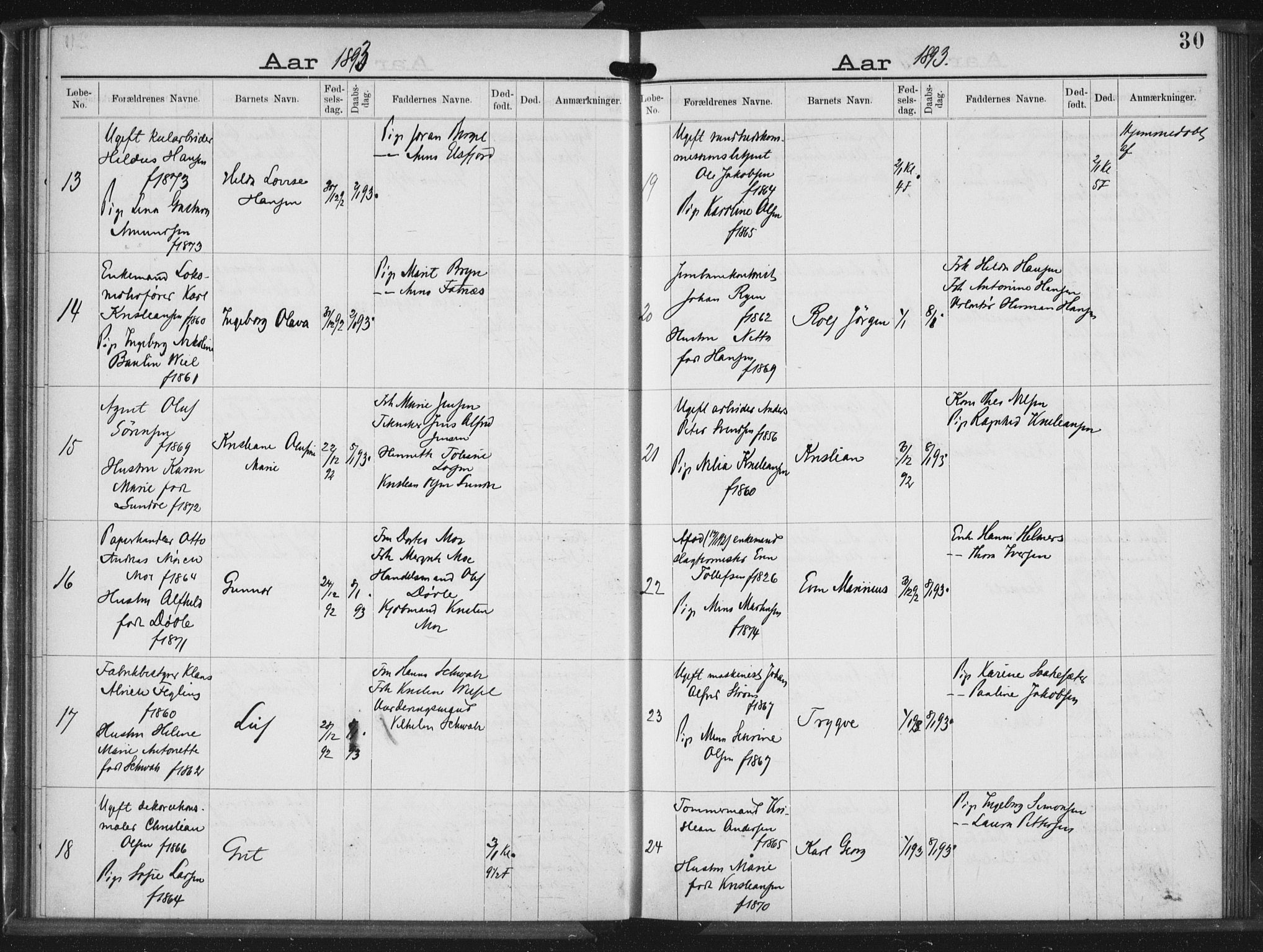 Rikshospitalet prestekontor Kirkebøker, AV/SAO-A-10309b/K/L0004/0001: Baptism register no. 4.1, 1892-1895, p. 30