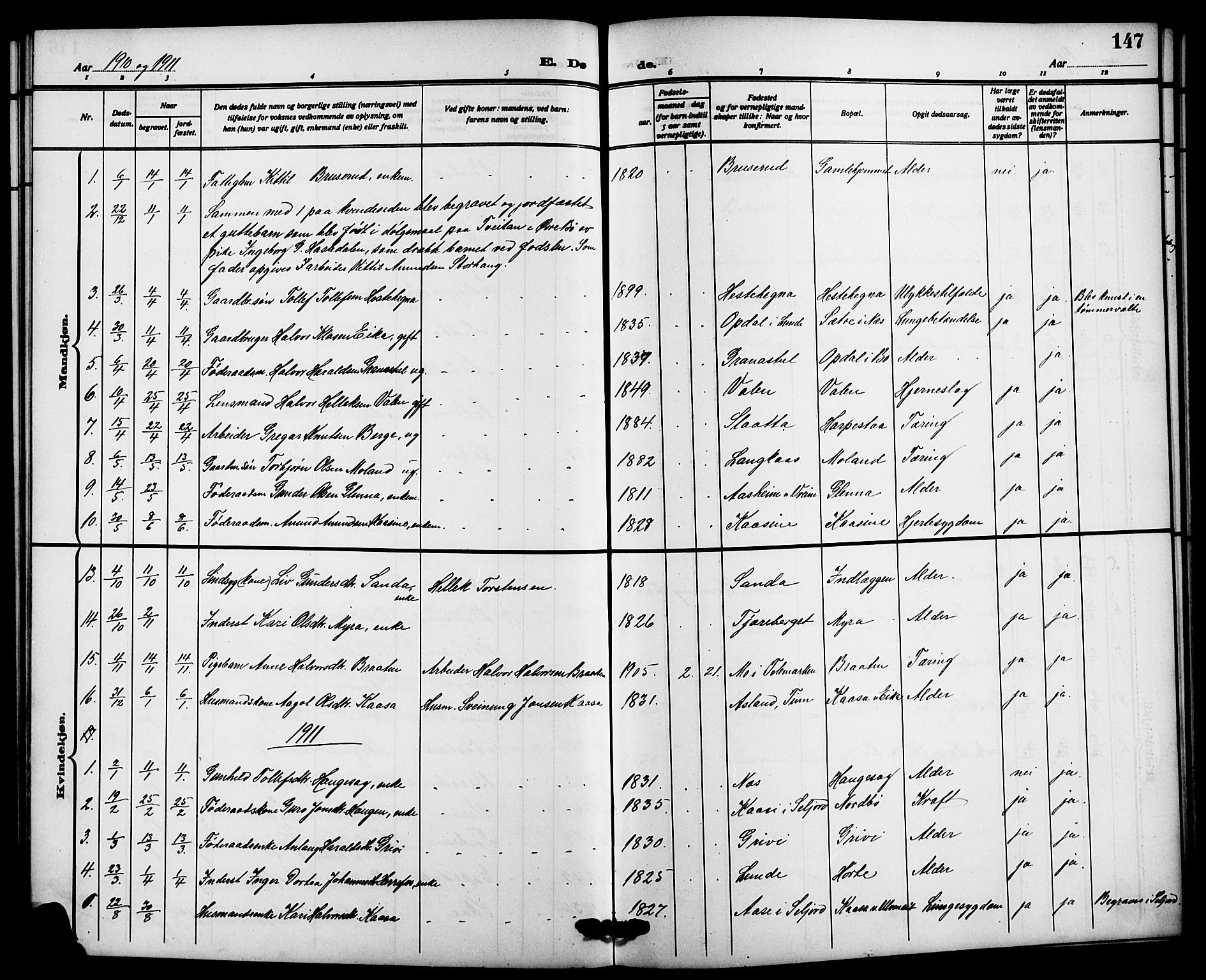 Bø kirkebøker, SAKO/A-257/G/Ga/L0007: Parish register (copy) no. 7, 1909-1924, p. 147