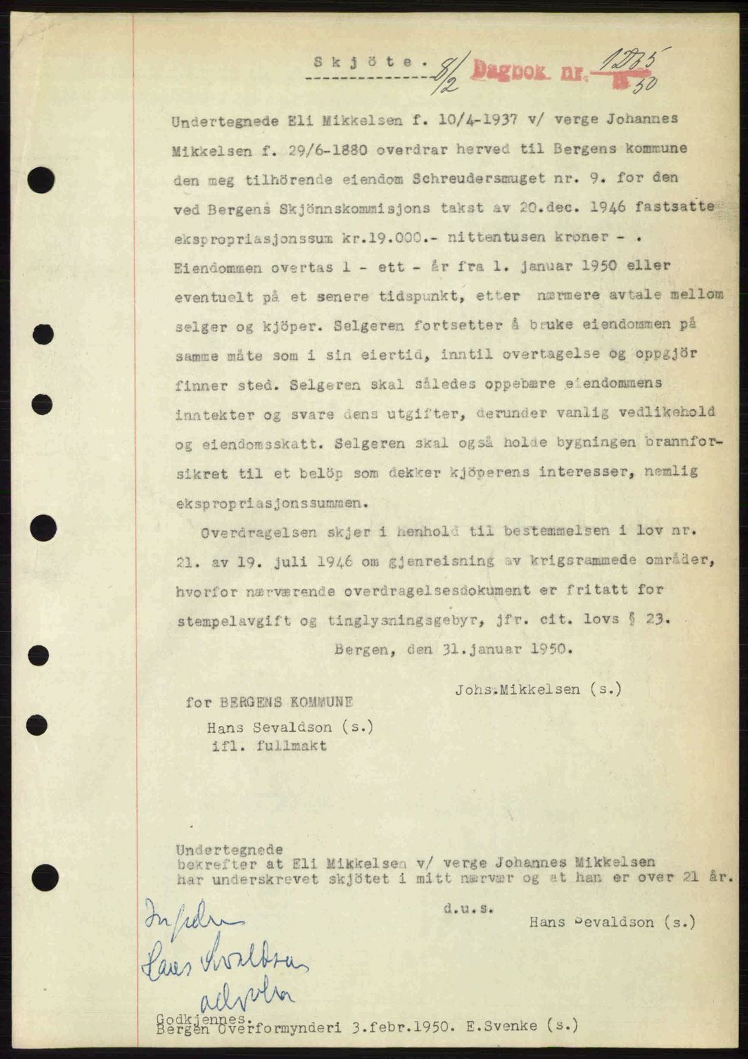 Byfogd og Byskriver i Bergen, AV/SAB-A-3401/03/03Bc/L0032: Mortgage book no. A26, 1950-1950, Diary no: : 1275/1950