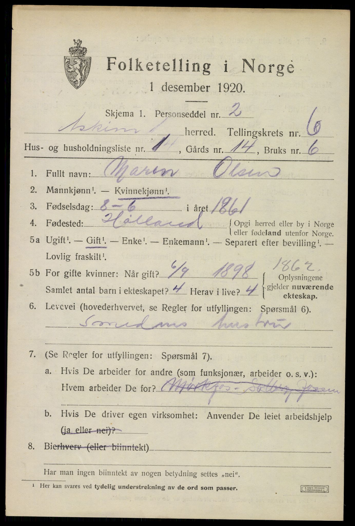 SAO, 1920 census for Askim, 1920, p. 11023