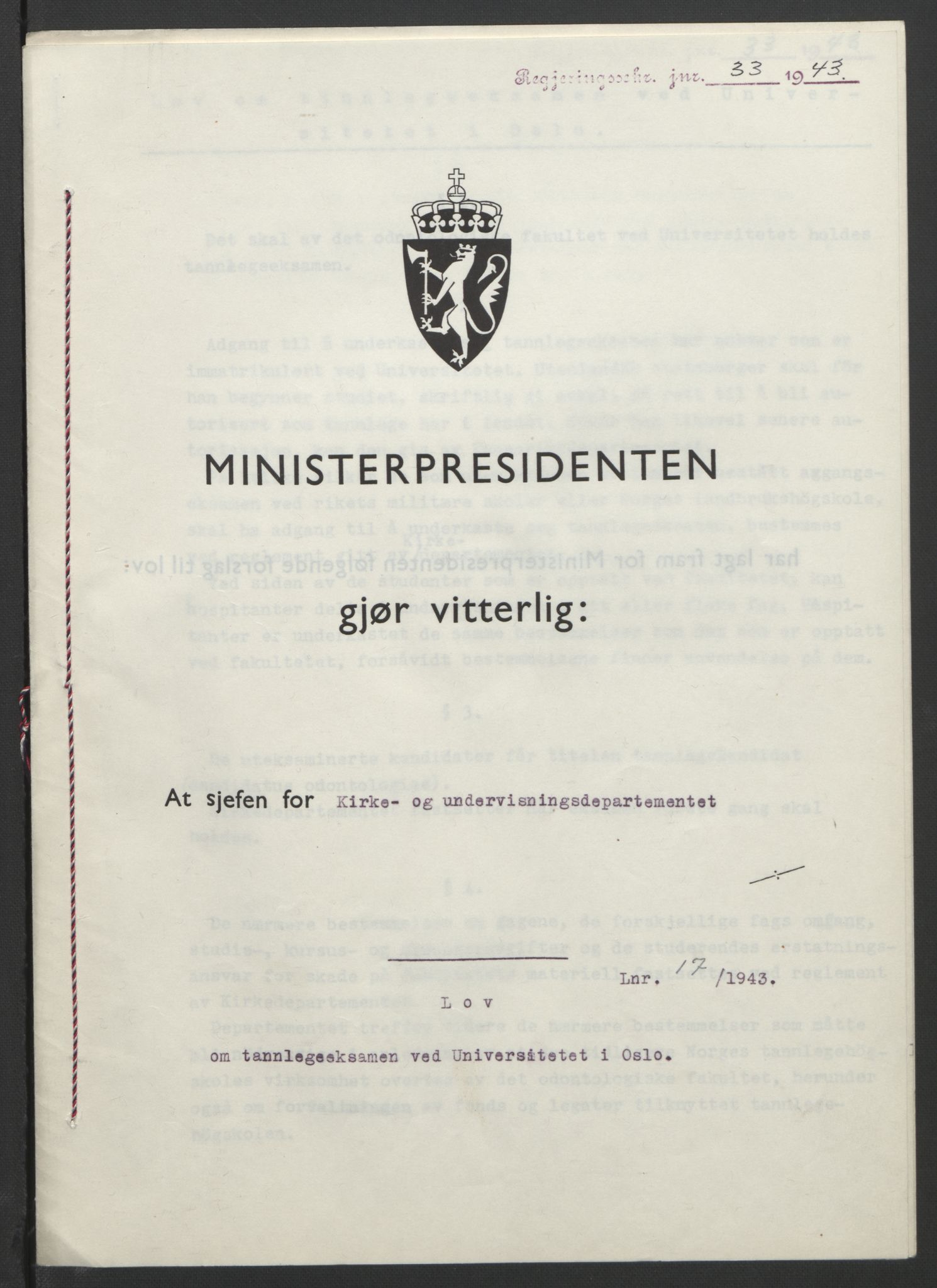 NS-administrasjonen 1940-1945 (Statsrådsekretariatet, de kommisariske statsråder mm), RA/S-4279/D/Db/L0099: Lover, 1943, p. 67