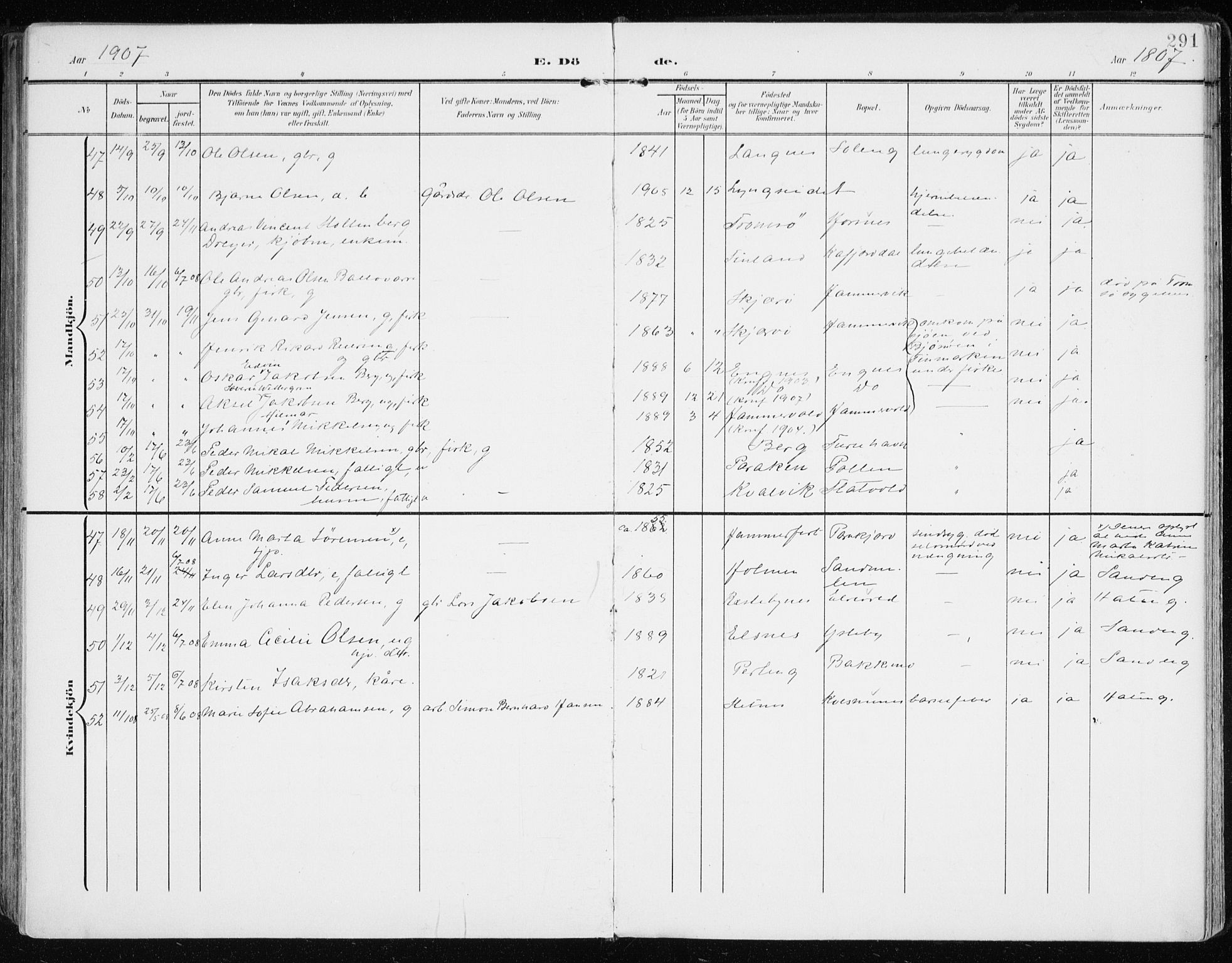 Lyngen sokneprestembete, SATØ/S-1289/H/He/Hea/L0011kirke: Parish register (official) no. 11, 1903-1913, p. 291