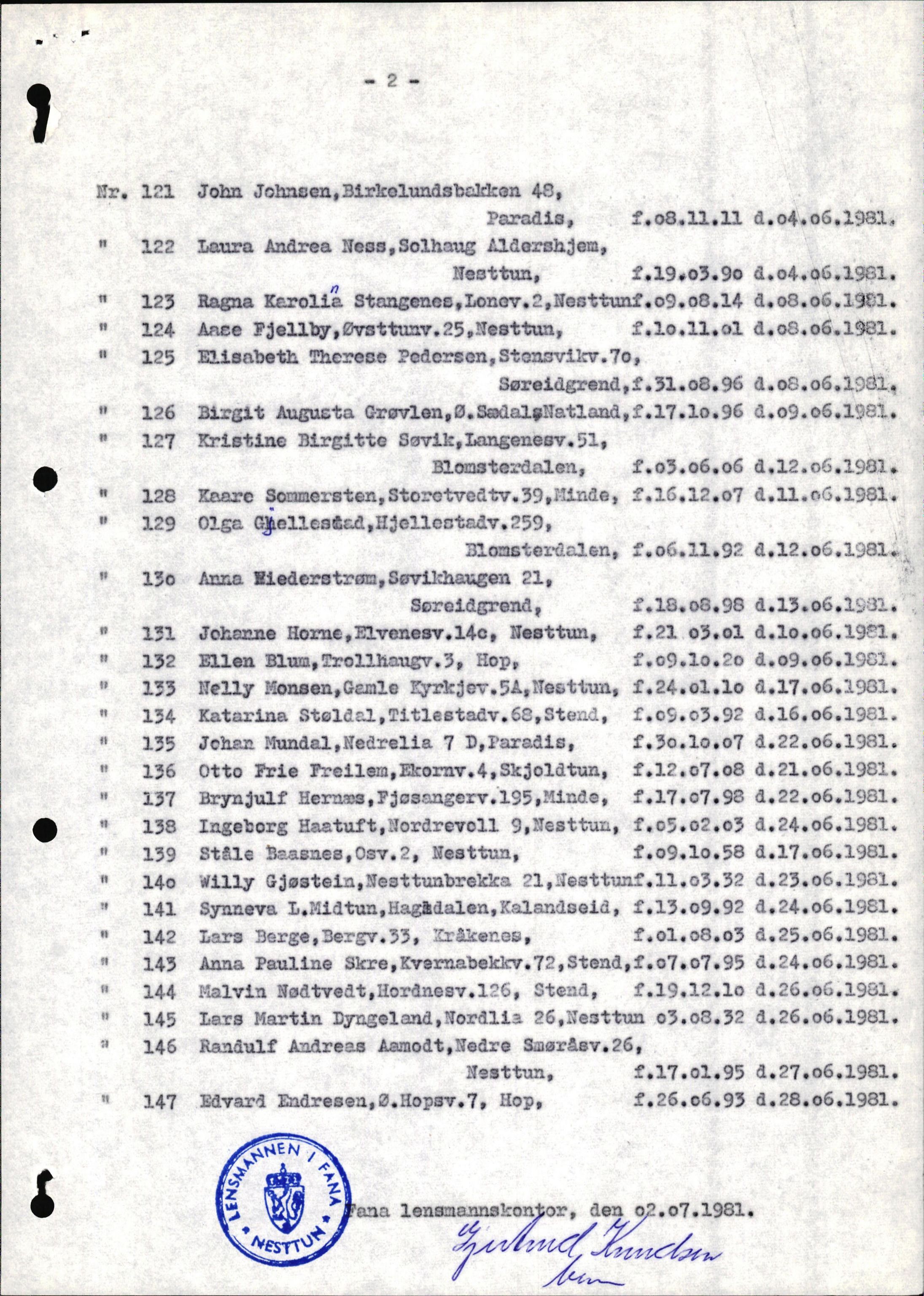 Lensmannen i Fana, AV/SAB-A-31801/0006/L0024: Dødsfallprotokoll, 1981-1982, p. 49