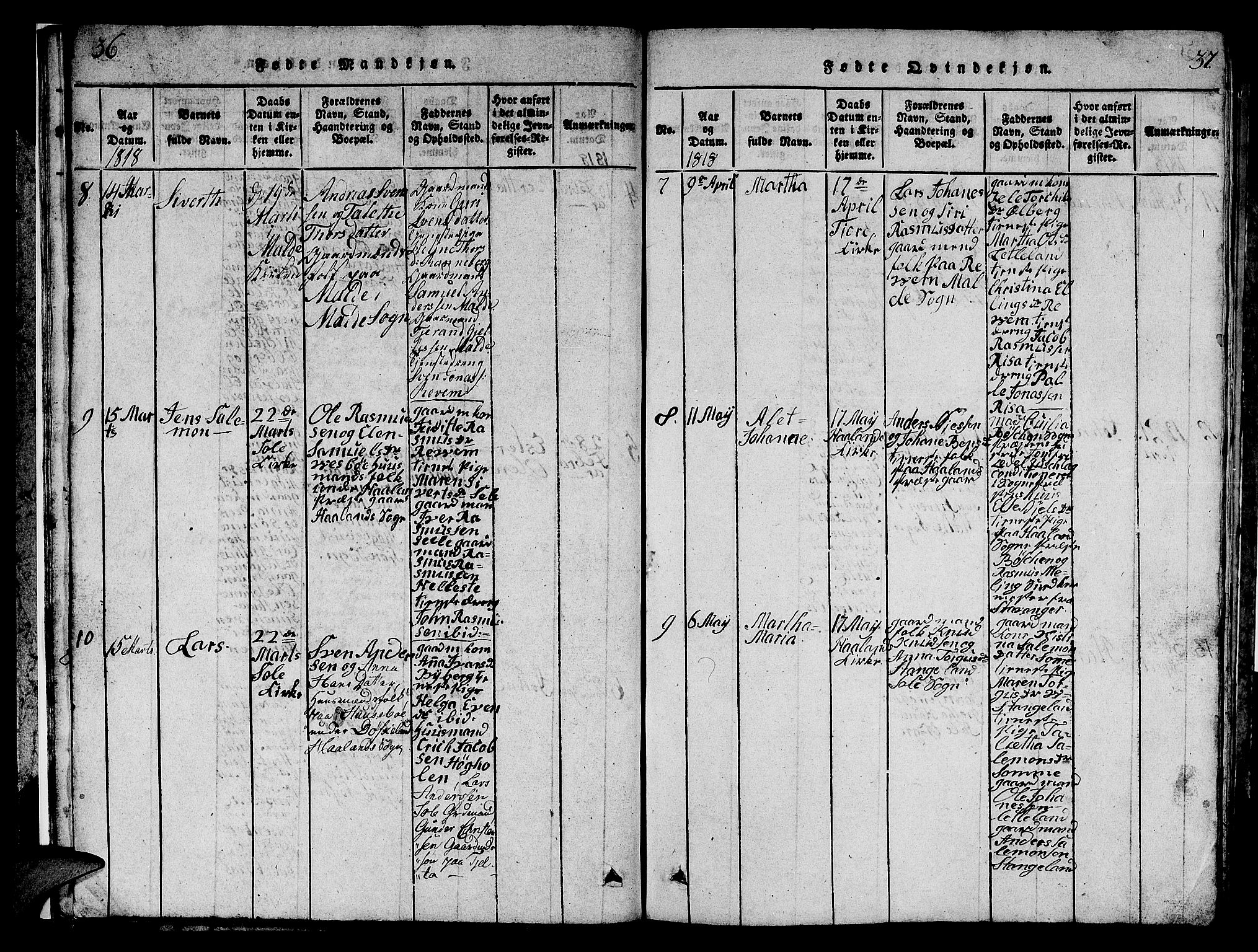 Håland sokneprestkontor, AV/SAST-A-101802/001/30BB/L0001: Parish register (copy) no. B 1, 1815-1845, p. 36-37