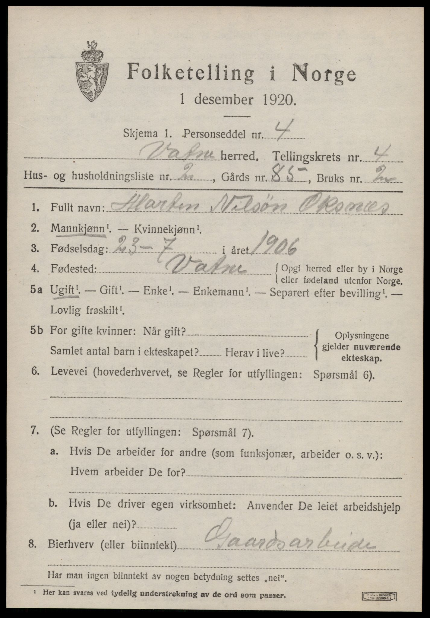 SAT, 1920 census for Vatne, 1920, p. 1834