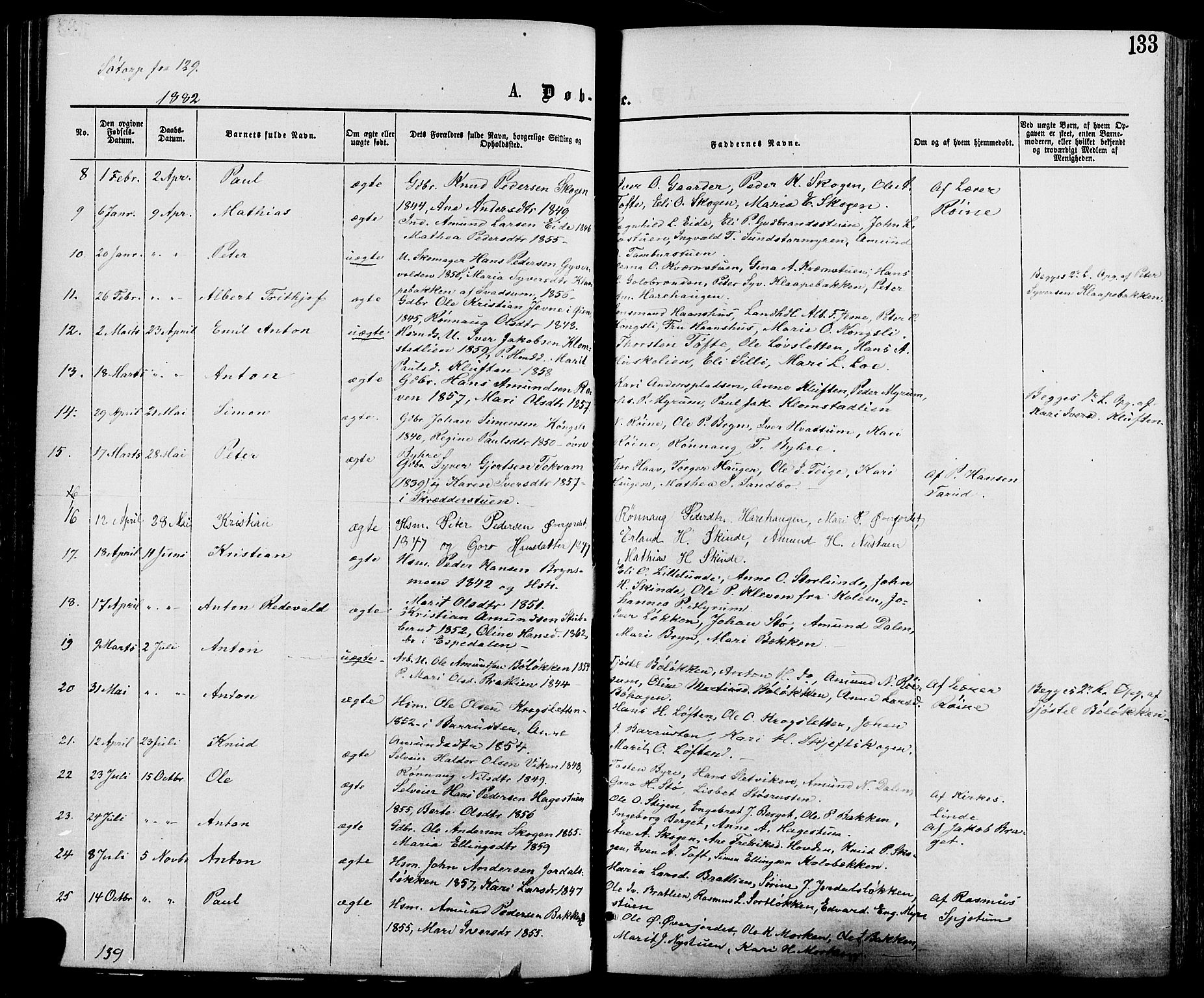 Nord-Fron prestekontor, SAH/PREST-080/H/Ha/Haa/L0002: Parish register (official) no. 2, 1865-1883, p. 133