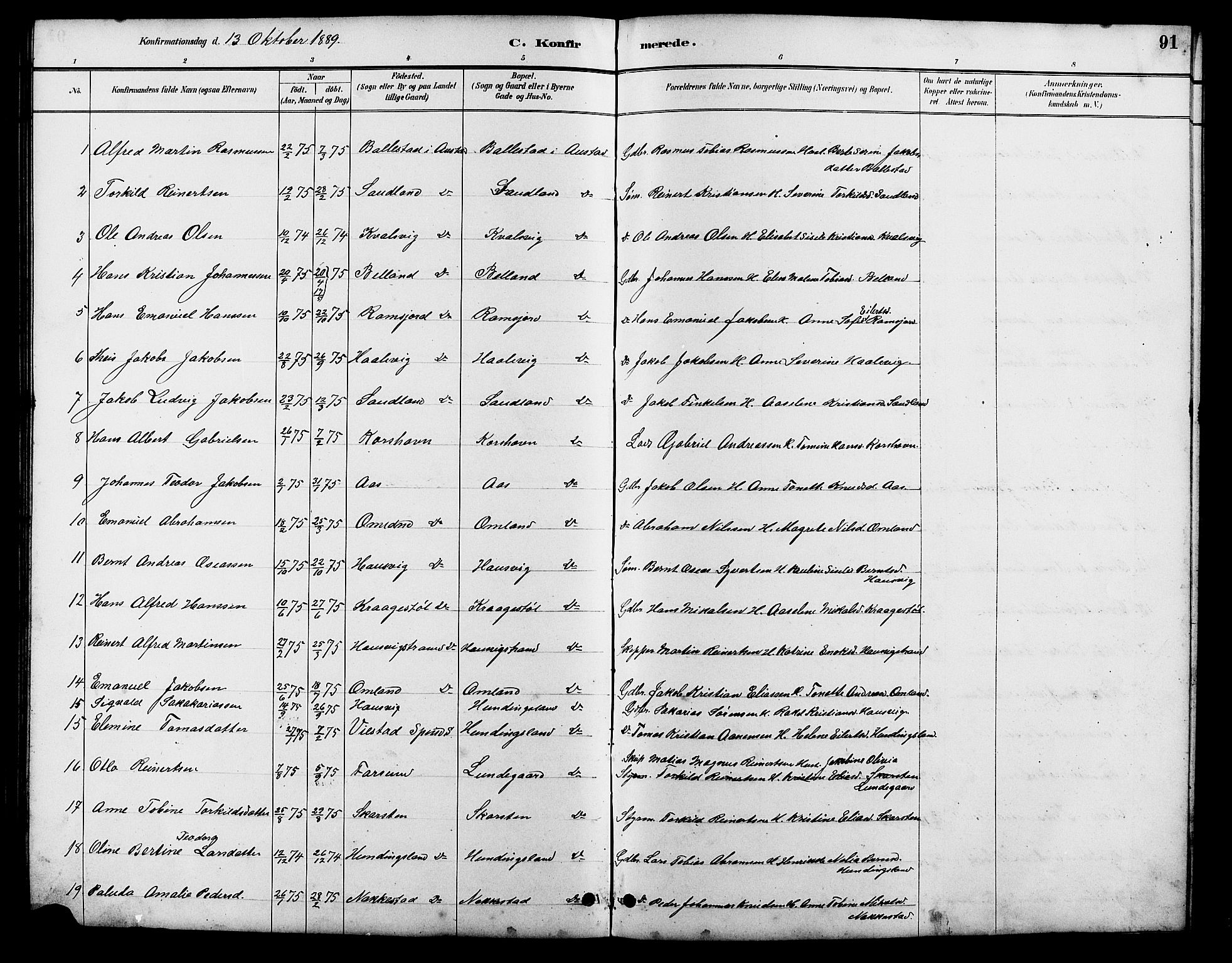 Lyngdal sokneprestkontor, AV/SAK-1111-0029/F/Fb/Fba/L0003: Parish register (copy) no. B 3, 1886-1903, p. 91