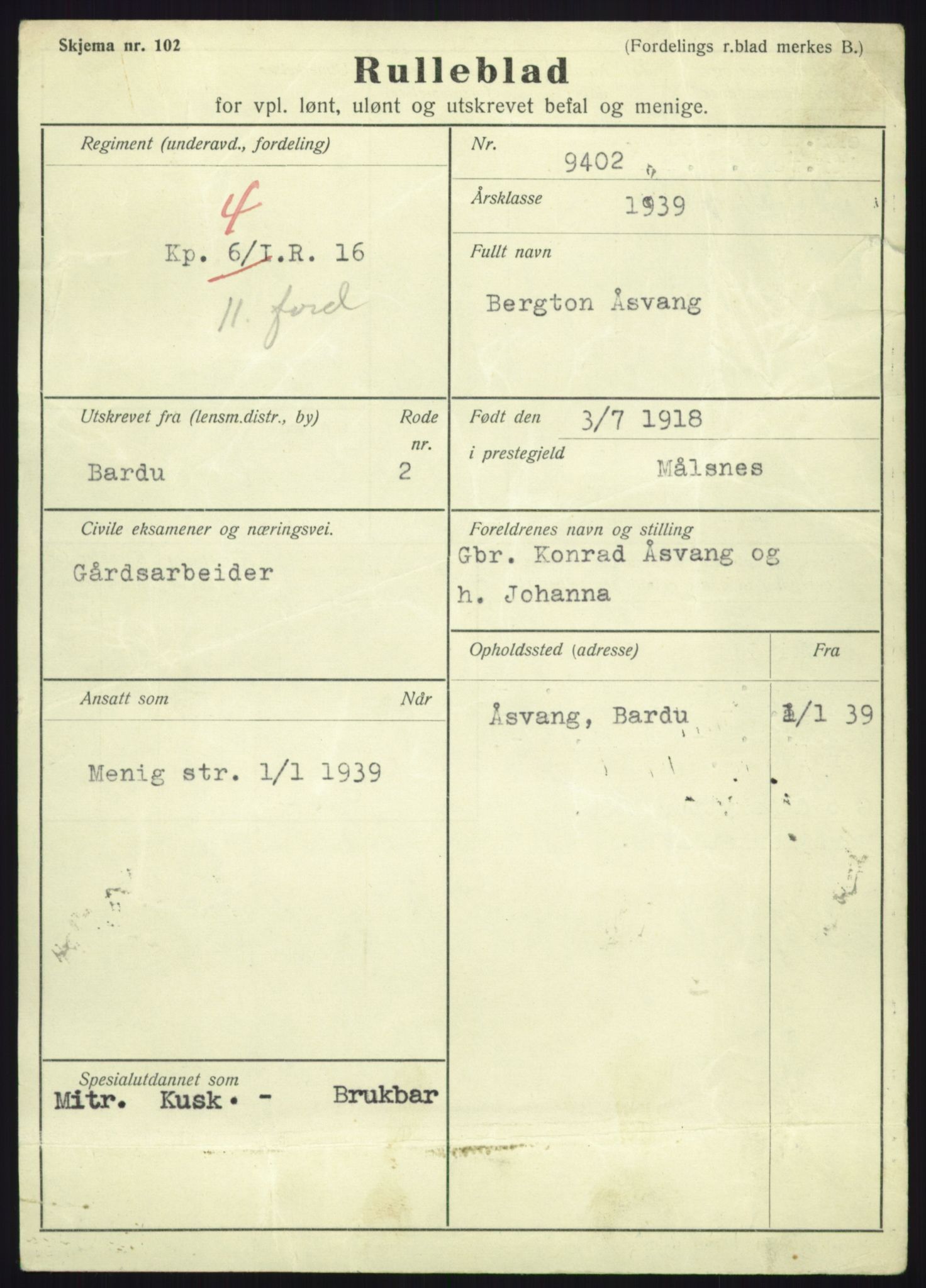 Forsvaret, Troms infanteriregiment nr. 16, AV/RA-RAFA-3146/P/Pa/L0023: Rulleblad for regimentets menige mannskaper, årsklasse 1939, 1939, p. 1357