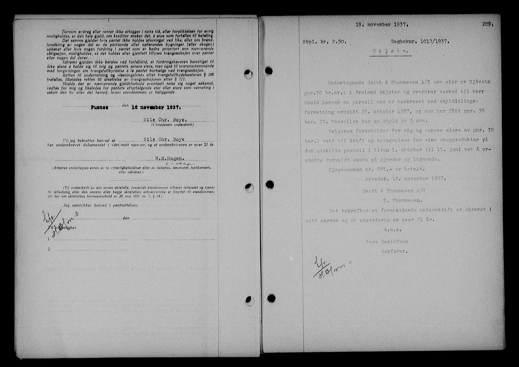 Nedenes sorenskriveri, SAK/1221-0006/G/Gb/Gba/L0044: Mortgage book no. 40, 1937-1938, Diary no: : 1017/1937